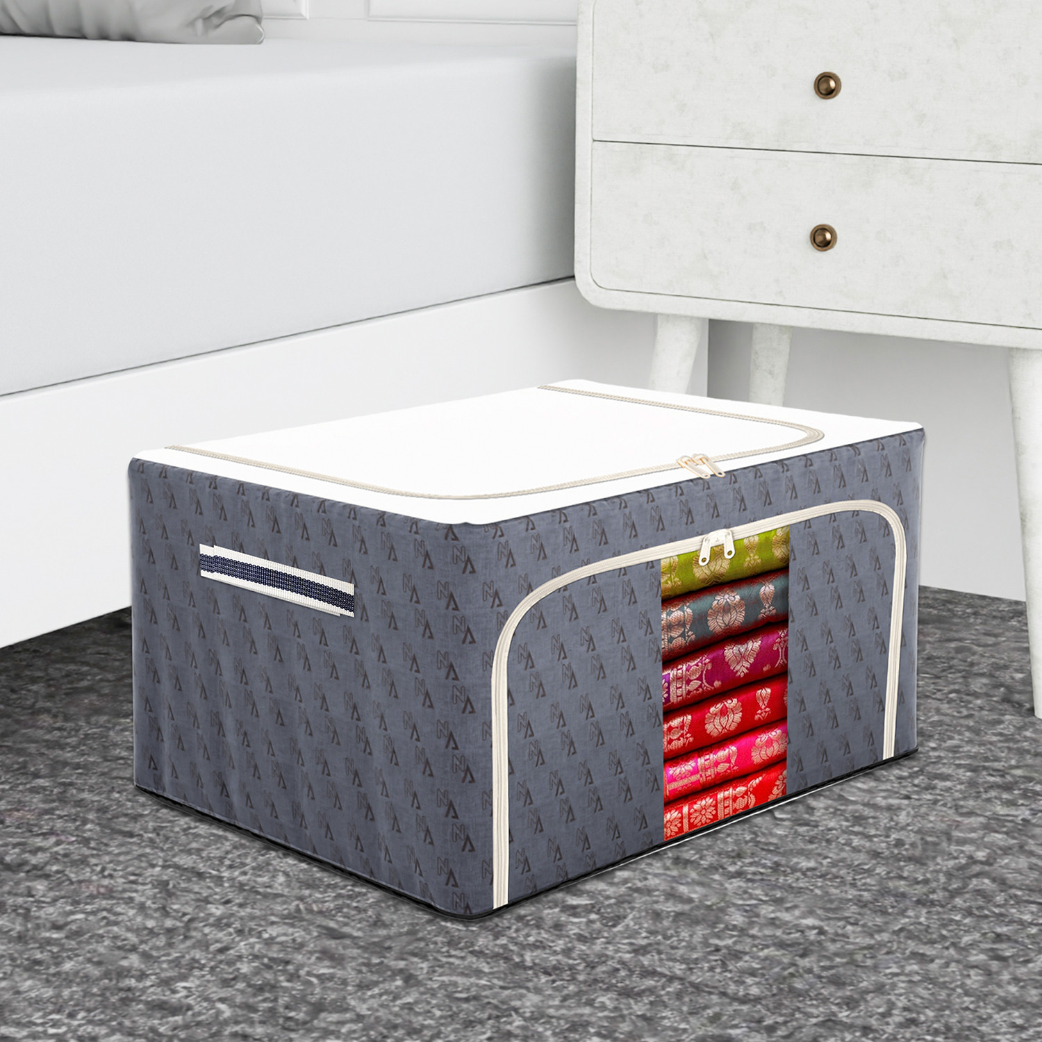 Kuber Industries Storage Box | Steel Frame Storage Box | Clothes Storage Box | Storage Box for Clothes | Blankets | VN Print Living Box | Wardrobe Organizer | 66 Liter | Gray