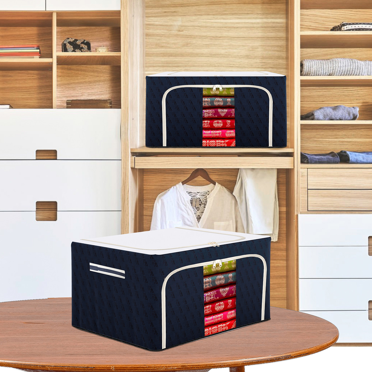 Kuber Industries Storage Box | Steel Frame Storage Box | Clothes Storage Box | Storage Box for Clothes | Blankets | VN Print Living Box | Wardrobe Organizer | 66 Liter | Navy Blue