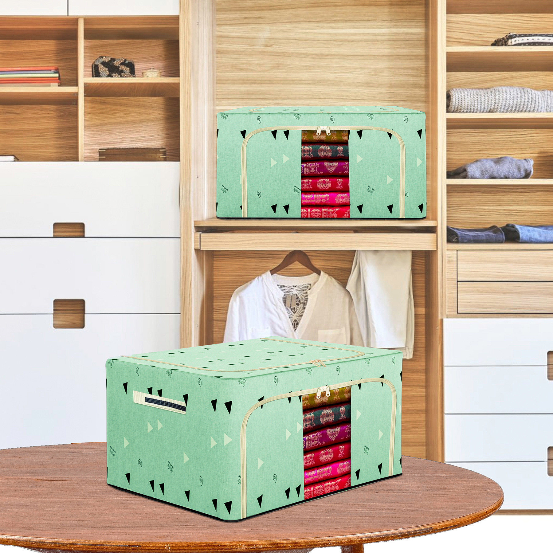 Kuber Industries Storage Box | Steel Frame Storage Box | Clothes Storage Box | Storage Box for Clothes | Blankets | Black Triangle Living Box | Wardrobe Organizer | 66 Liter | Green