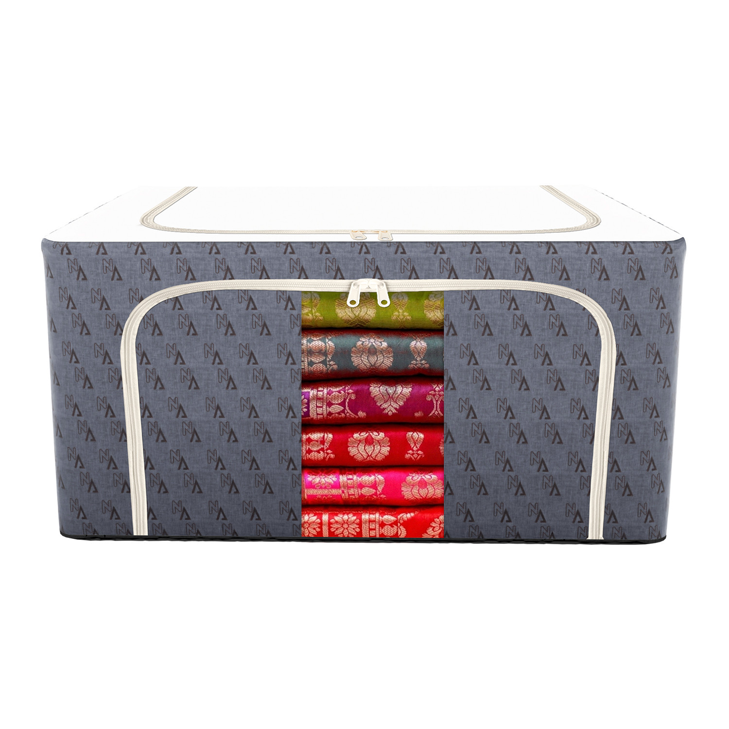 Kuber Industries Storage Box  Steel Frame Storage Box  Clothes Storage Box  Storage Box for Clothes  Blankets  VN Print Living Box  Wardrobe Organizer  66 Liter  Gray