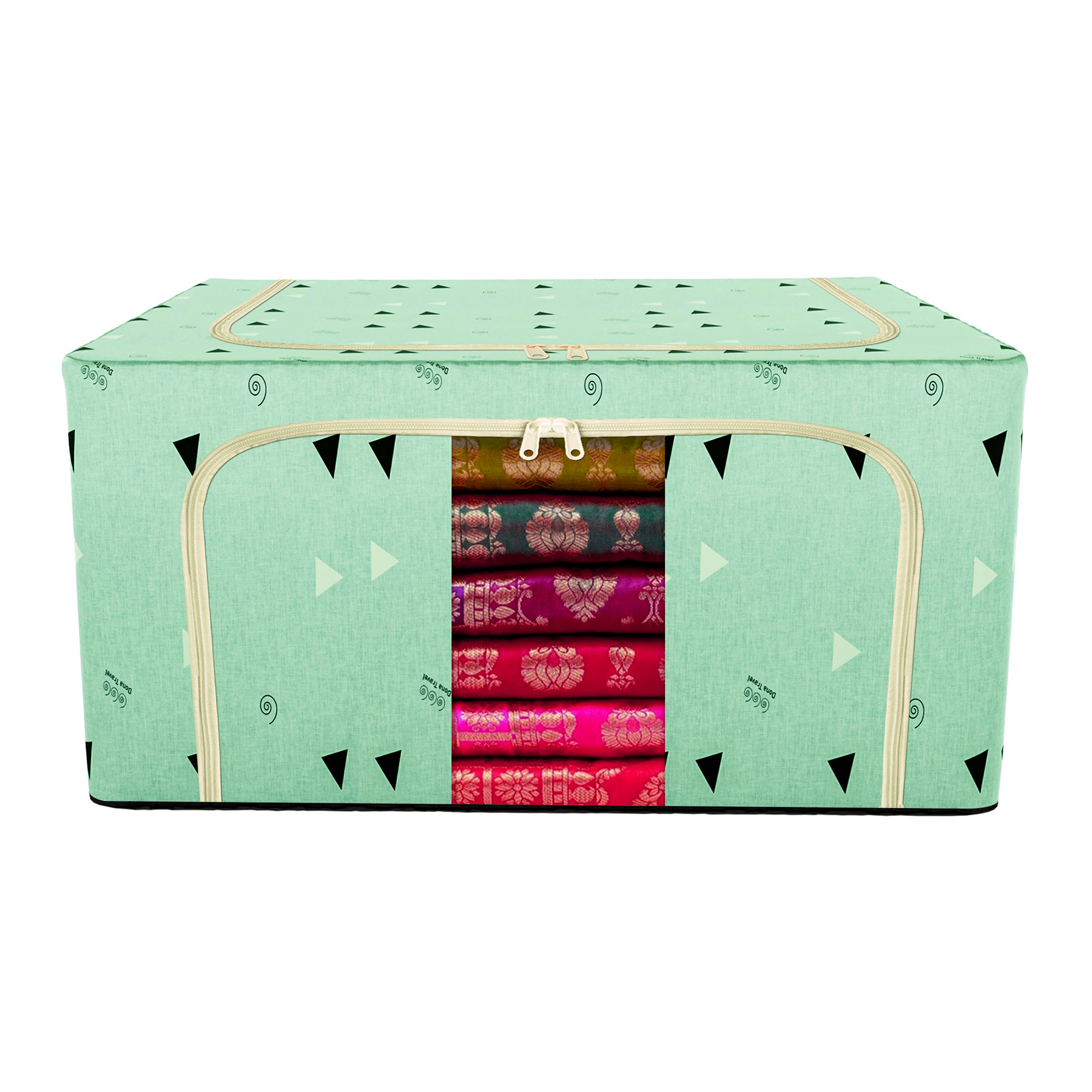 Kuber Industries Storage Box  Steel Frame Storage Box  Clothes Storage Box  Storage Box for Clothes  Blankets  Black Triangle Living Box  Wardrobe Organizer  66 Liter  Green
