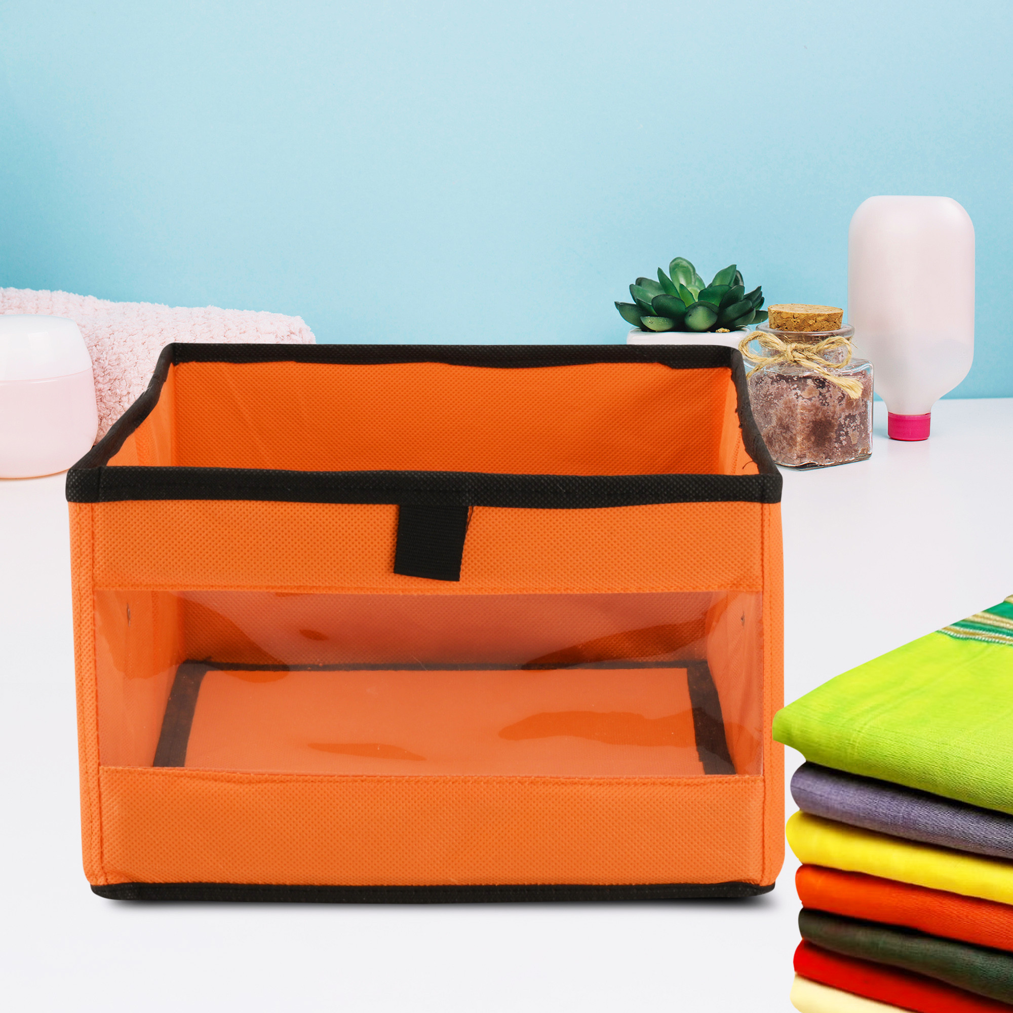 Kuber Industries Storage Box  Wardrobe Organizer  Foldable Storage Organizer with Transparent Window  Drawer Box  Closet Organizer for Saree Shirts Blankets Books  Toys  Orange