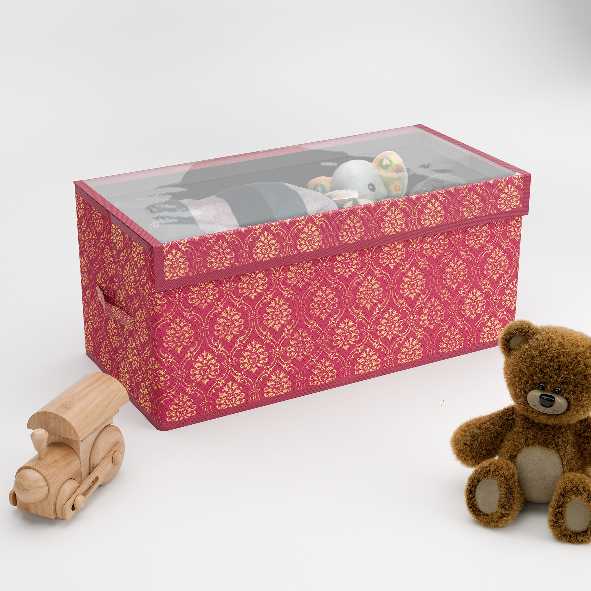 Kuber Industries Storage Box with Transparent Lid  Closet Organizers for Toys  Book Storage  Foldable Almirah Dress Organizer  CupboardWardrobe Drawer Organiser   - Printed  Maroon