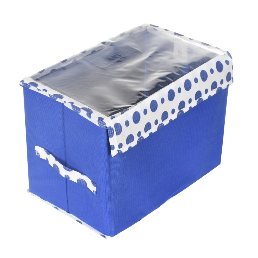 Kuber Industries Storage Box|Non-Woven Dot Print Foldable Storage Box|Large Wardrobe Organizer for Toys|Cloths with Transparent Lid &amp; Handle (Blue)
