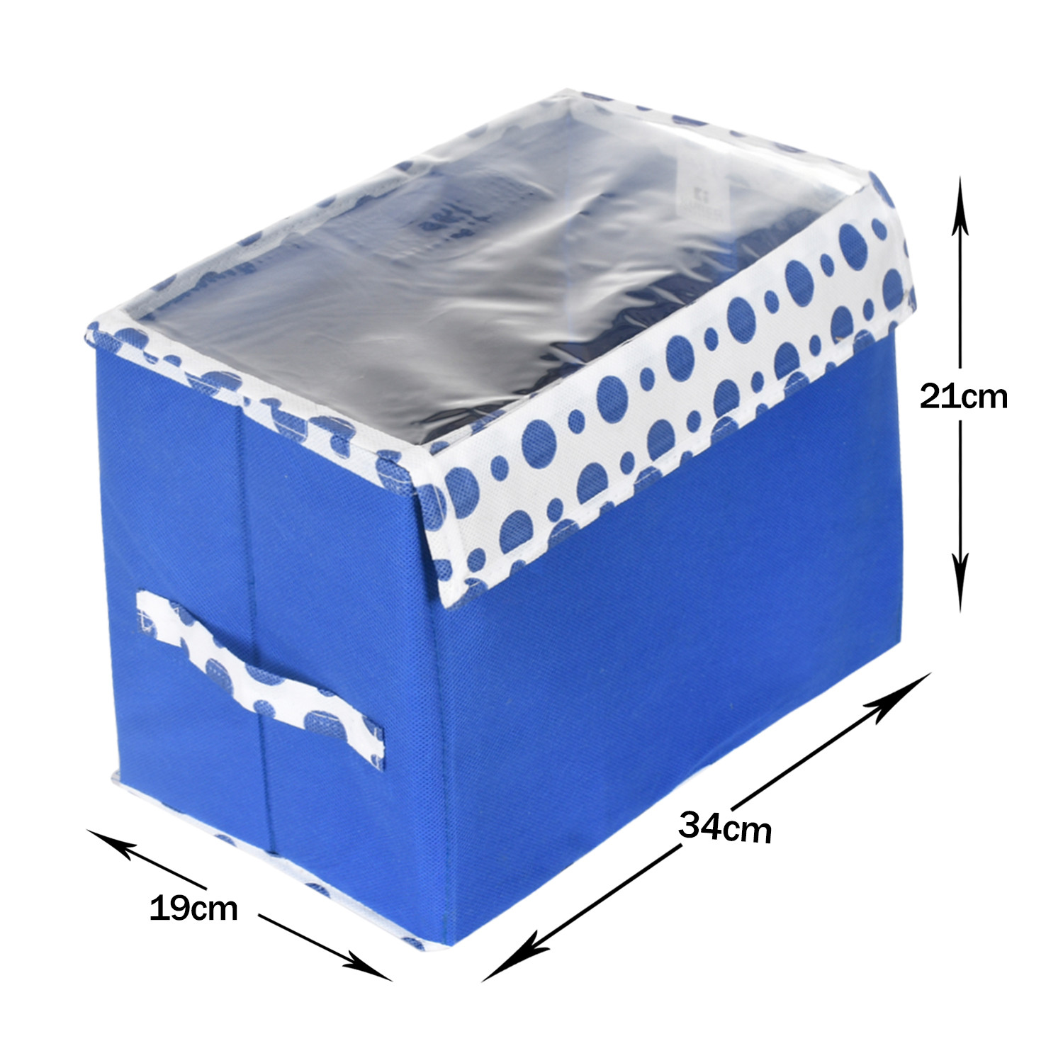 Kuber Industries Storage Box|Non-Woven Dot Print Foldable Storage Box|Small Wardrobe Organizer for Toys|Cloths with Transparent Lid & Handle (Blue)
