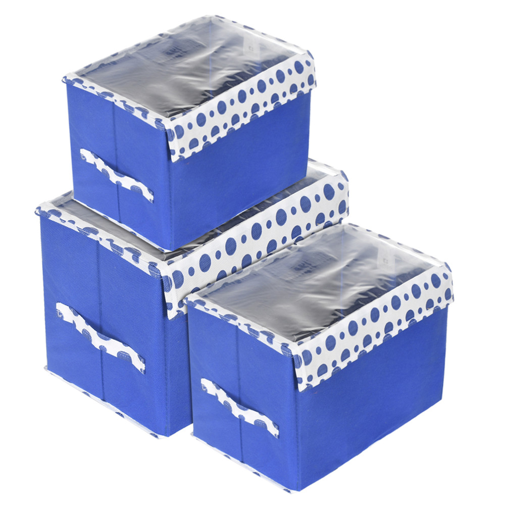 Kuber Industries Storage Box|Non-Woven Small|Medium|Large Foldable Storage Box for Toys|Cloths with Transparent Lid &amp; Handle|Pack of 3 (Blue)