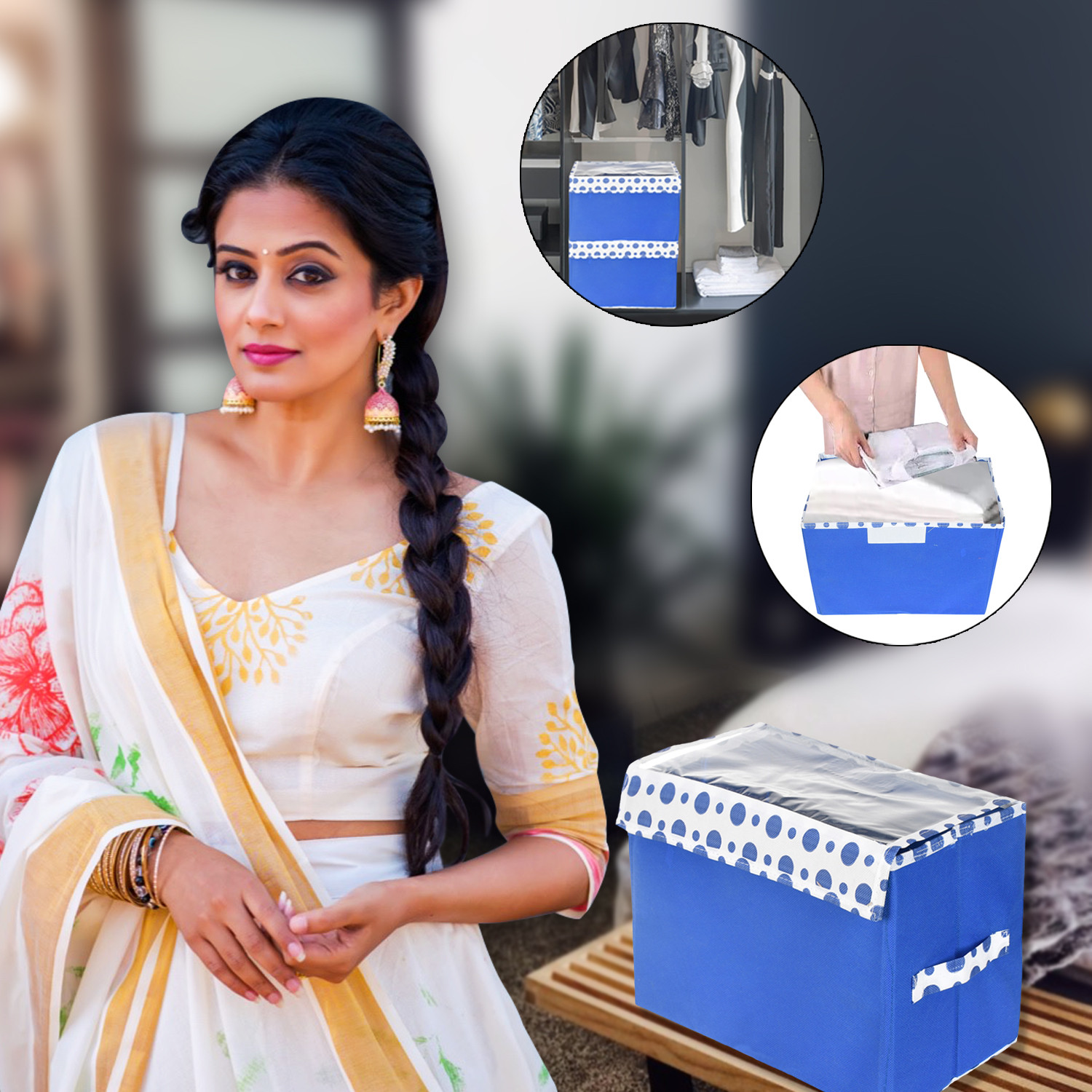 Kuber Industries Storage Box|Non-Woven Small|Medium|Large Foldable Storage Box for Toys|Cloths with Transparent Lid & Handle|Pack of 3 (Blue)