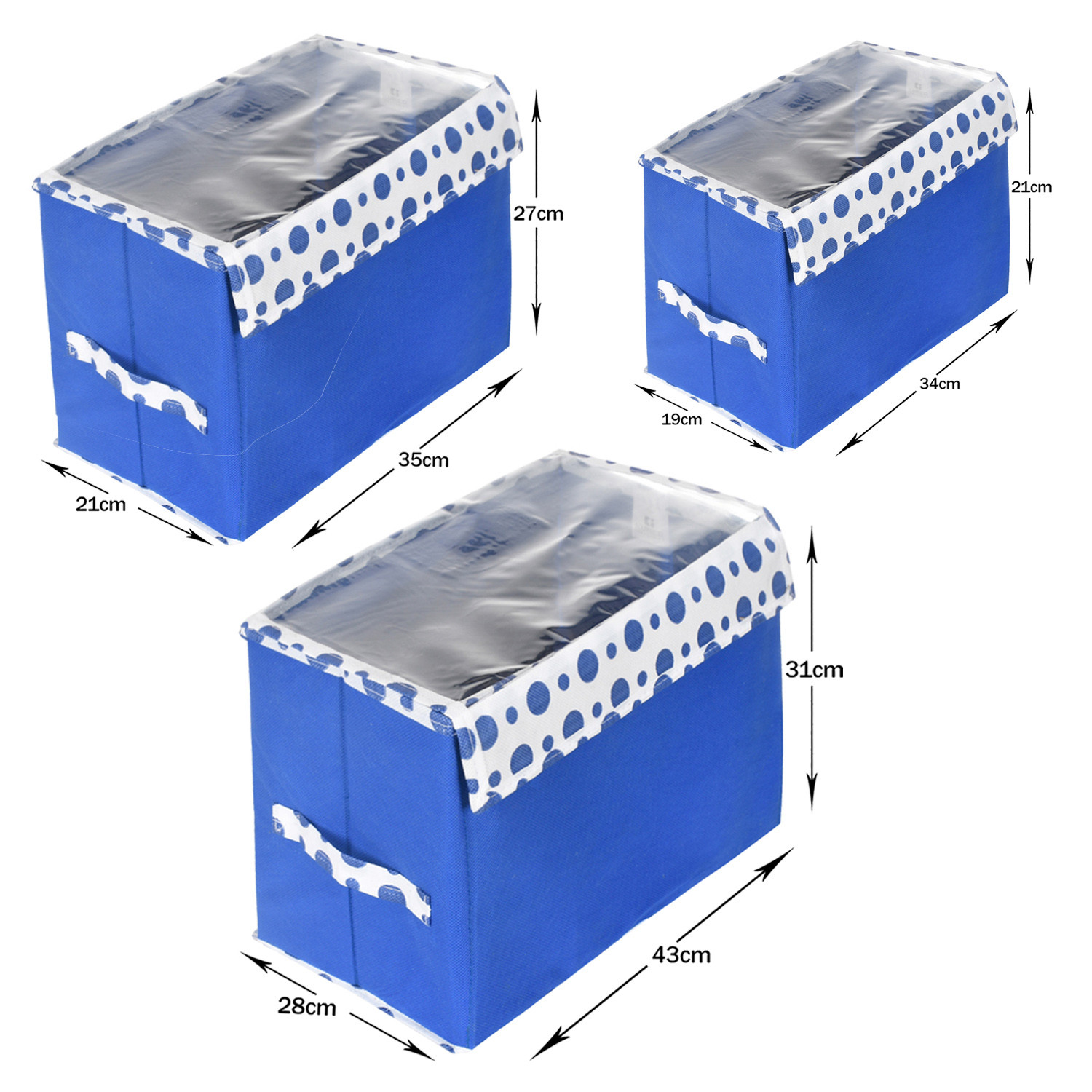 Kuber Industries Storage Box|Non-Woven Small|Medium|Large Foldable Storage Box for Toys|Cloths with Transparent Lid & Handle|Pack of 3 (Blue)