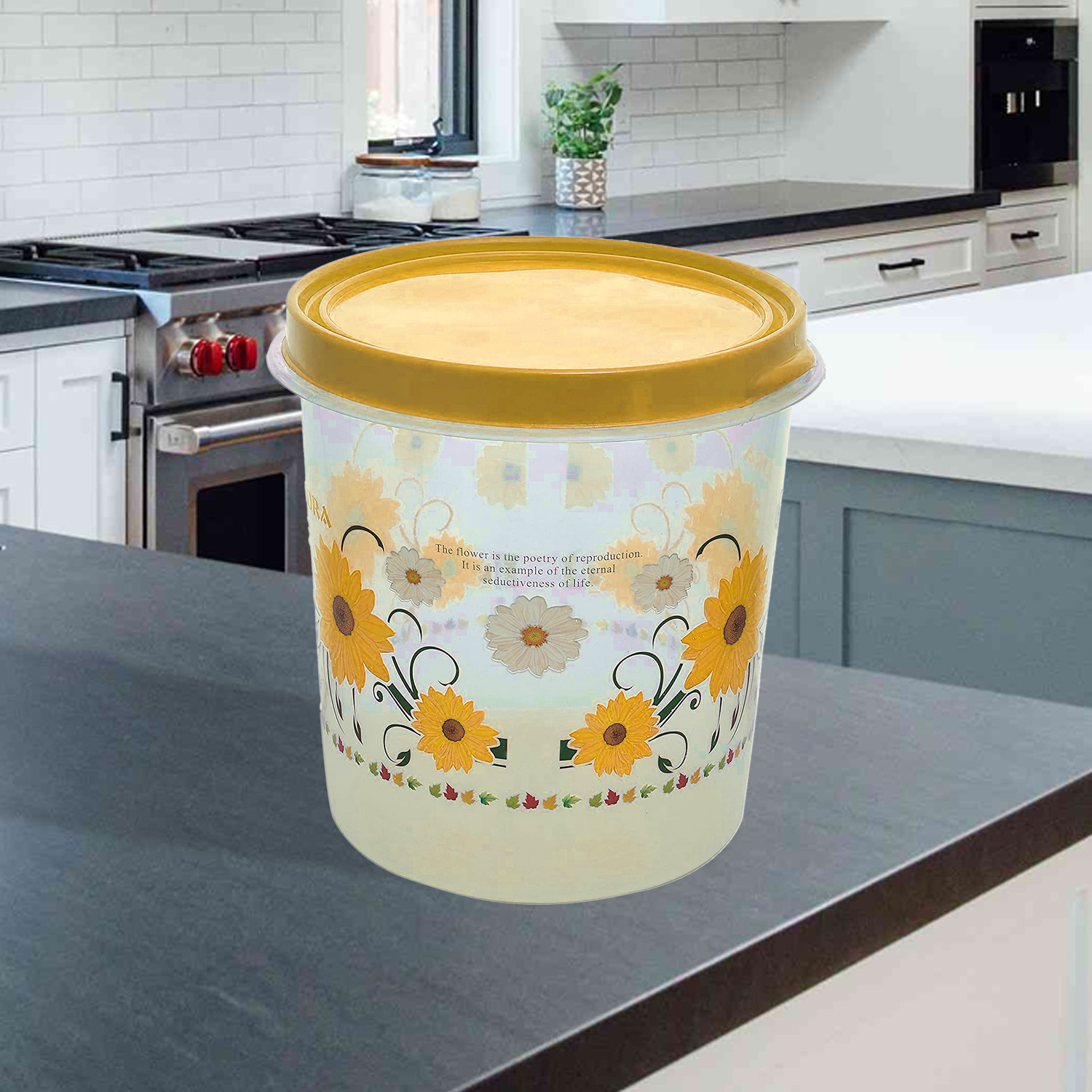 Kuber Industries Storage Container|Durable Plastic Floral Design BPA Free Food Kitchen Organizer With Lid|Food Utility Jar, 5 Ltr (Yellow)