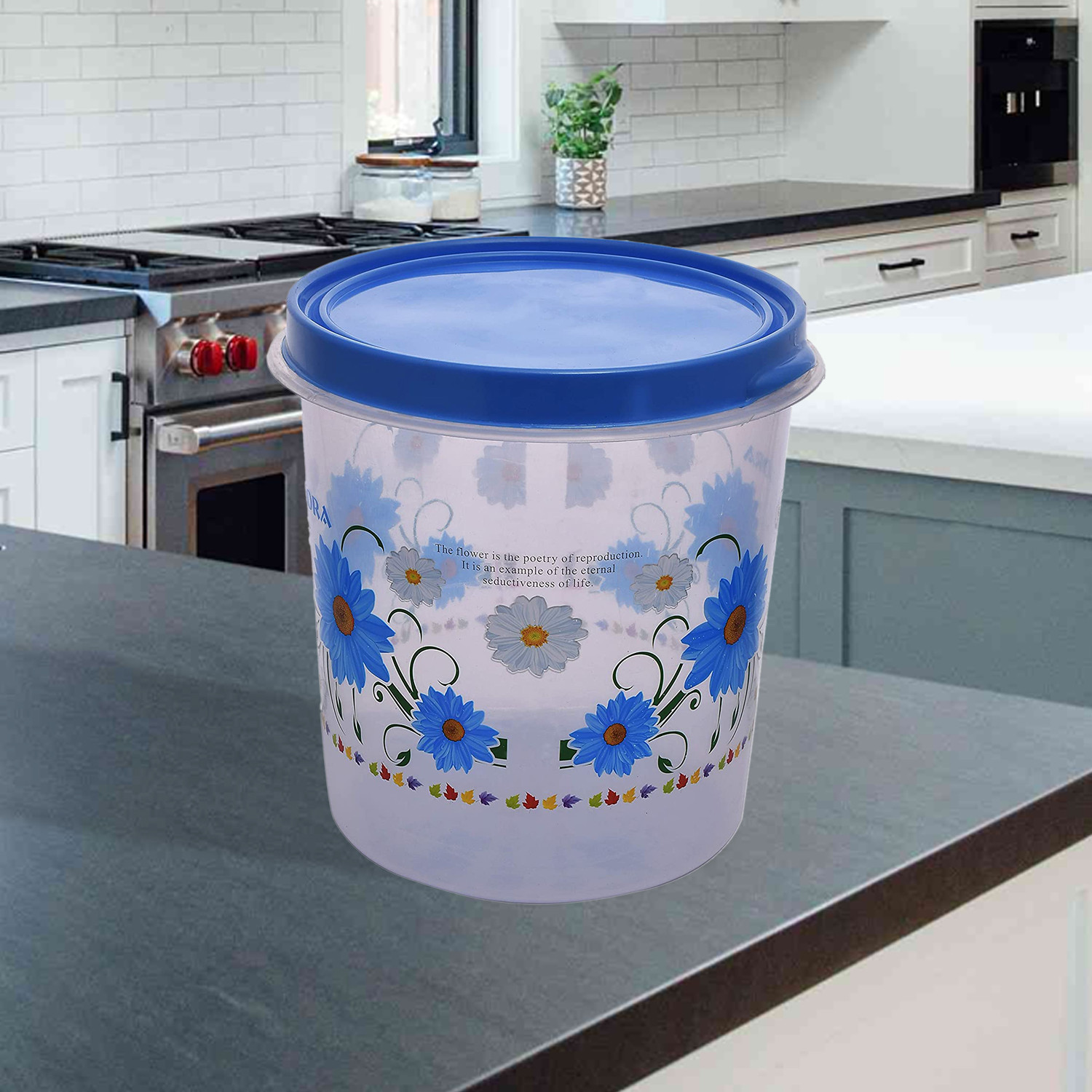 Kuber Industries Storage Container|Durable Plastic Floral Design BPA Free Food Kitchen Organizer With Lid|Food Utility Jar, 7 Ltr (Blue)