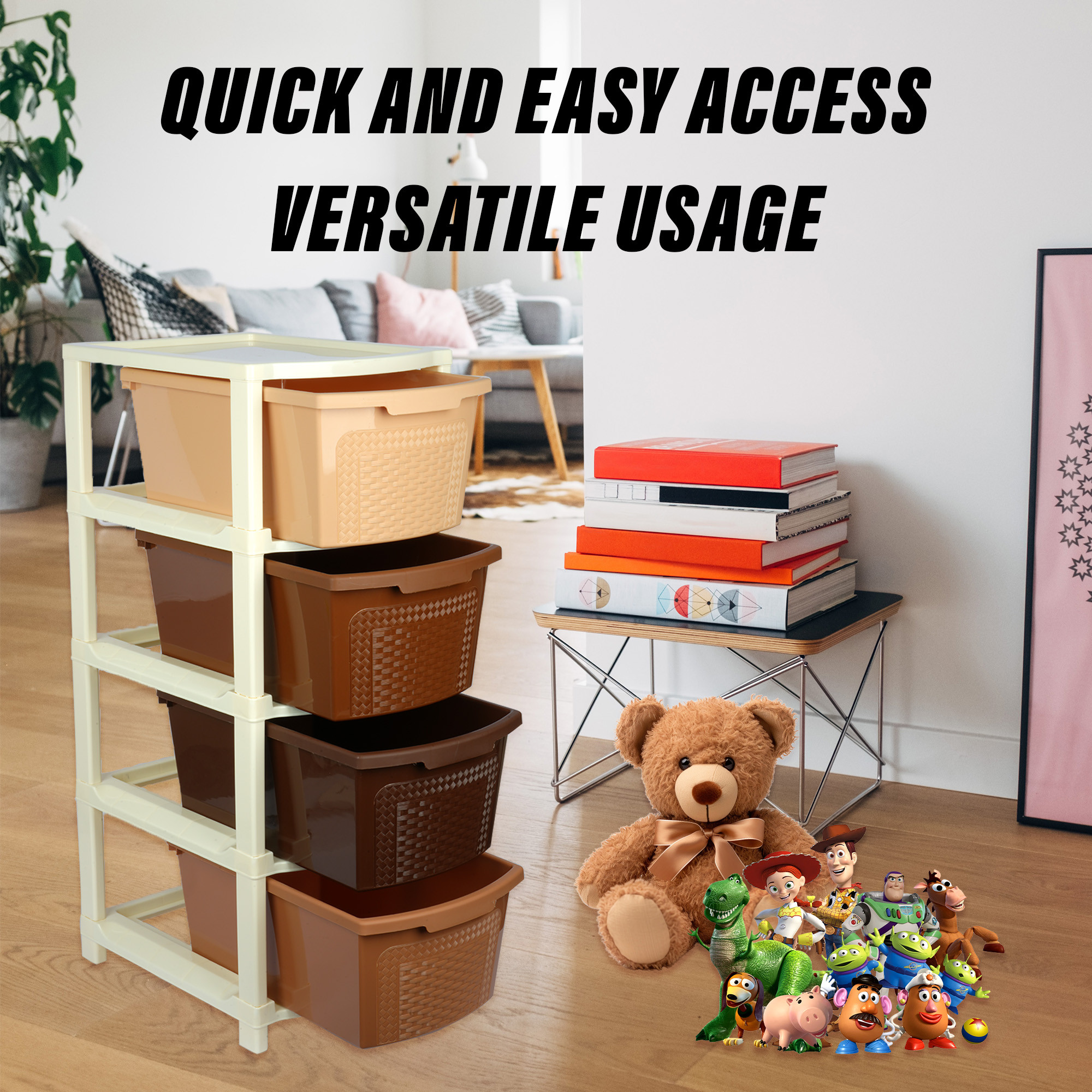 Kuber Industries Storage Drawer Rack  Plastic Modular Drawer Rack for office  Storage Rack for School  Storage Rack for Toys  Drawers Boxes Storage Rack for Home  4-Tier  Brown