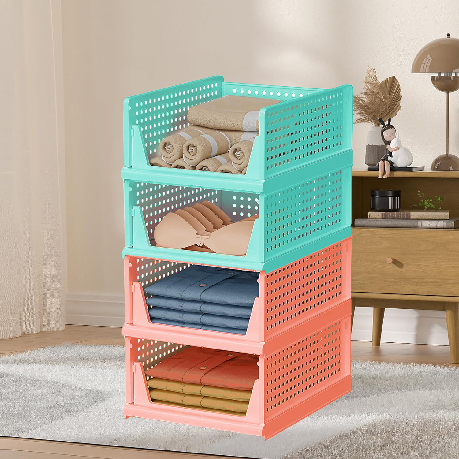 Kuber Industries Storage Organizer | Wardrobe Organizer | Cloth Organizer | Foldable Shirt Stacker Box for Almirah | Closet Storage Basket | Large | Light Pink & Pista Green