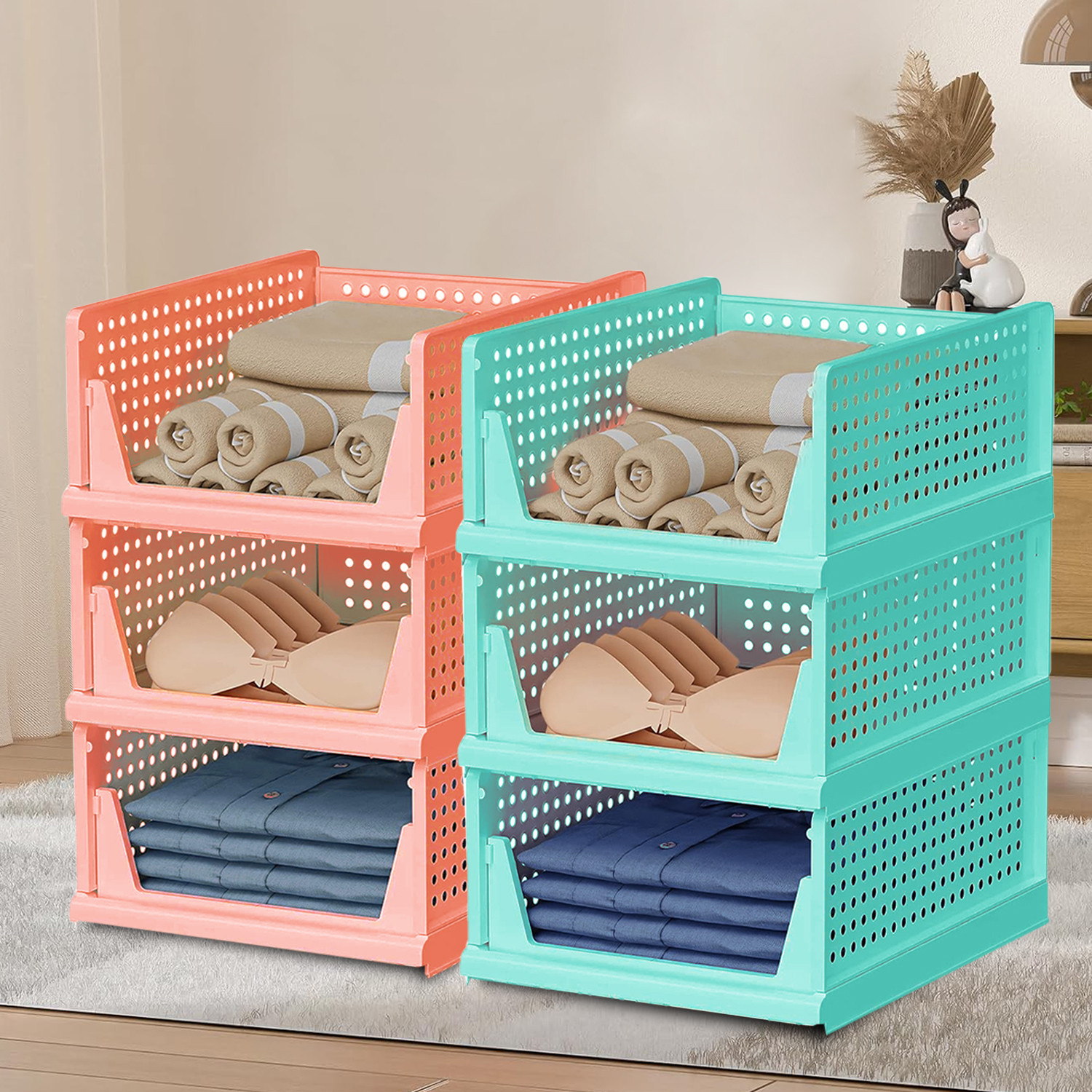 Kuber Industries Storage Organizer | Wardrobe Organizer | Cloth Organizer | Foldable Shirt Stacker Box for Almirah | Closet Storage Basket | Large | Light Pink & Pista Green