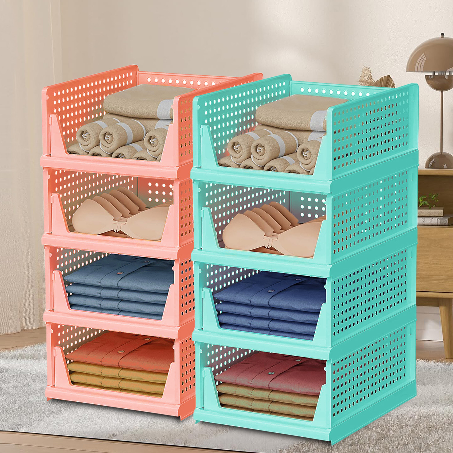 Kuber Industries Storage Organizer | Wardrobe Organizer | Cloth Organizer | Foldable Shirt Stacker Box for Almirah | Closet Storage Basket | Large | Light Pink & Pista Green