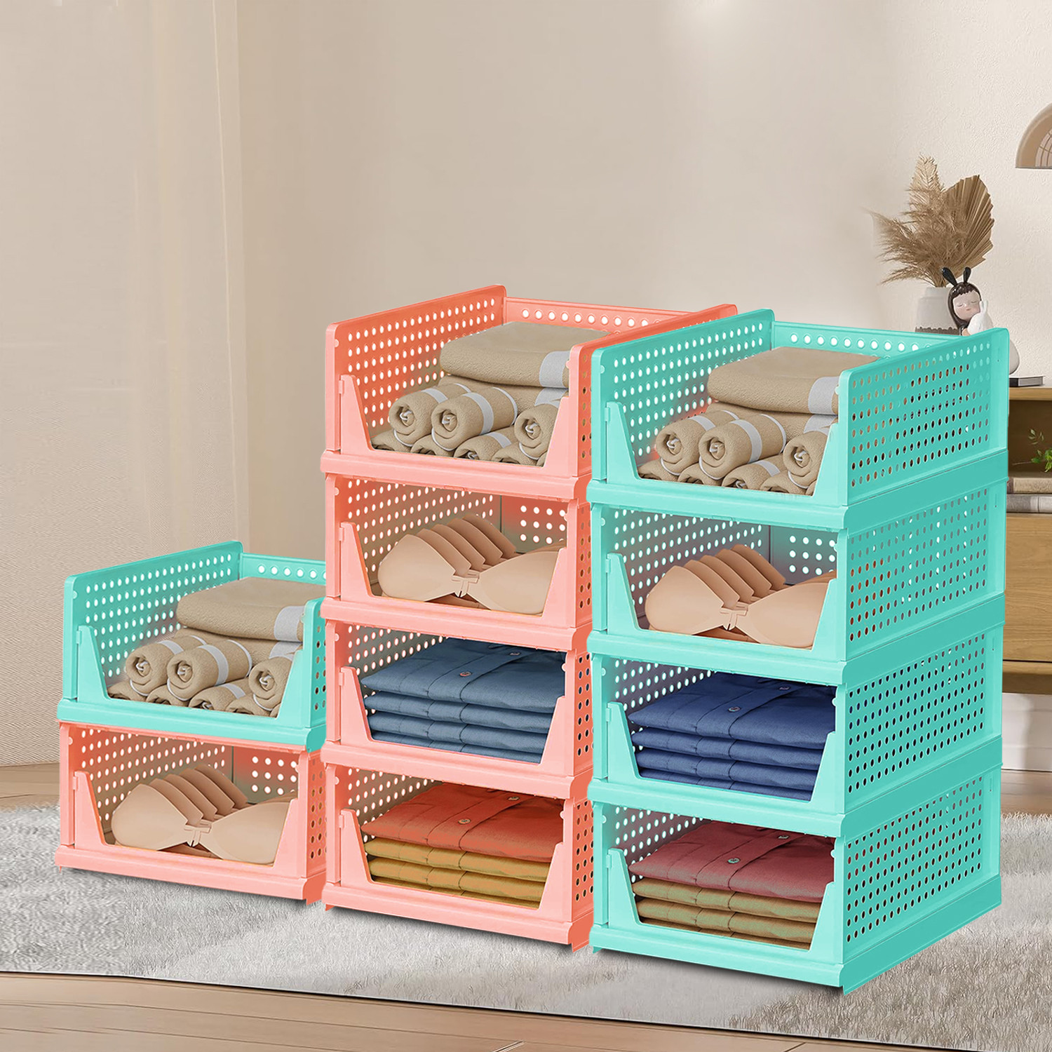 Kuber Industries Storage Organizer | Wardrobe Organizer | Cloth Organizer | Foldable Shirt Stacker Box for Almirah | Closet Storage Basket | Large | Light Pink & Pista Green