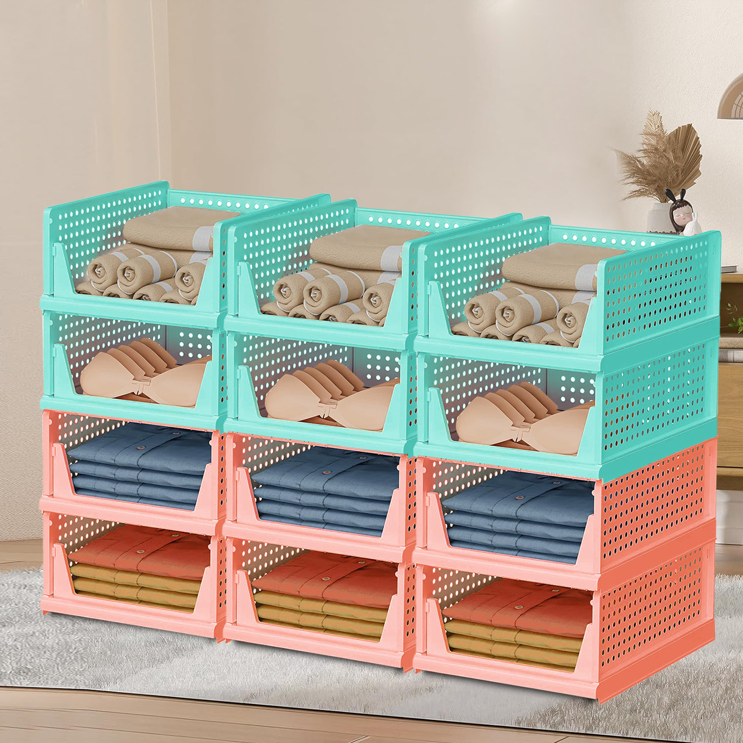 Kuber Industries Storage Organizer | Wardrobe Organizer | Cloth Organizer | Foldable Shirt Stacker Box for Almirah | Closet Storage Basket | Large | Light Pink & Pista Green