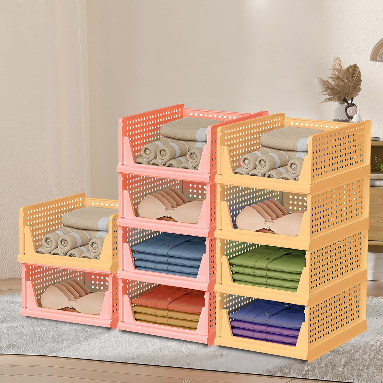 Kuber Industries Storage Organizer | Wardrobe Organizer | Cloth Organizer | Foldable Shirt Stacker Box for Almirah | Closet Storage Basket | Large | Light Pink & Ivory