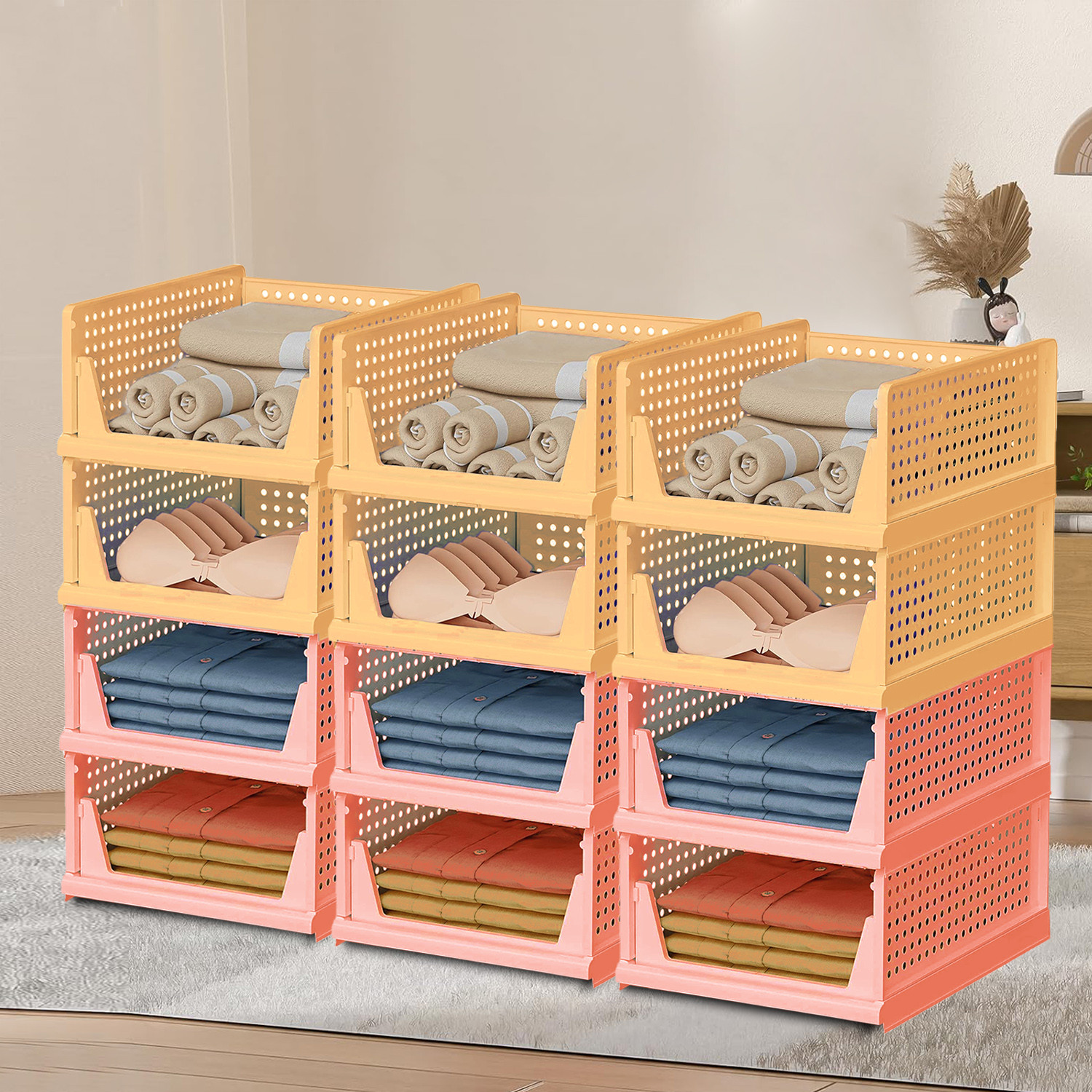 Kuber Industries Storage Organizer | Wardrobe Organizer | Cloth Organizer | Foldable Shirt Stacker Box for Almirah | Closet Storage Basket | Large | Light Pink & Ivory