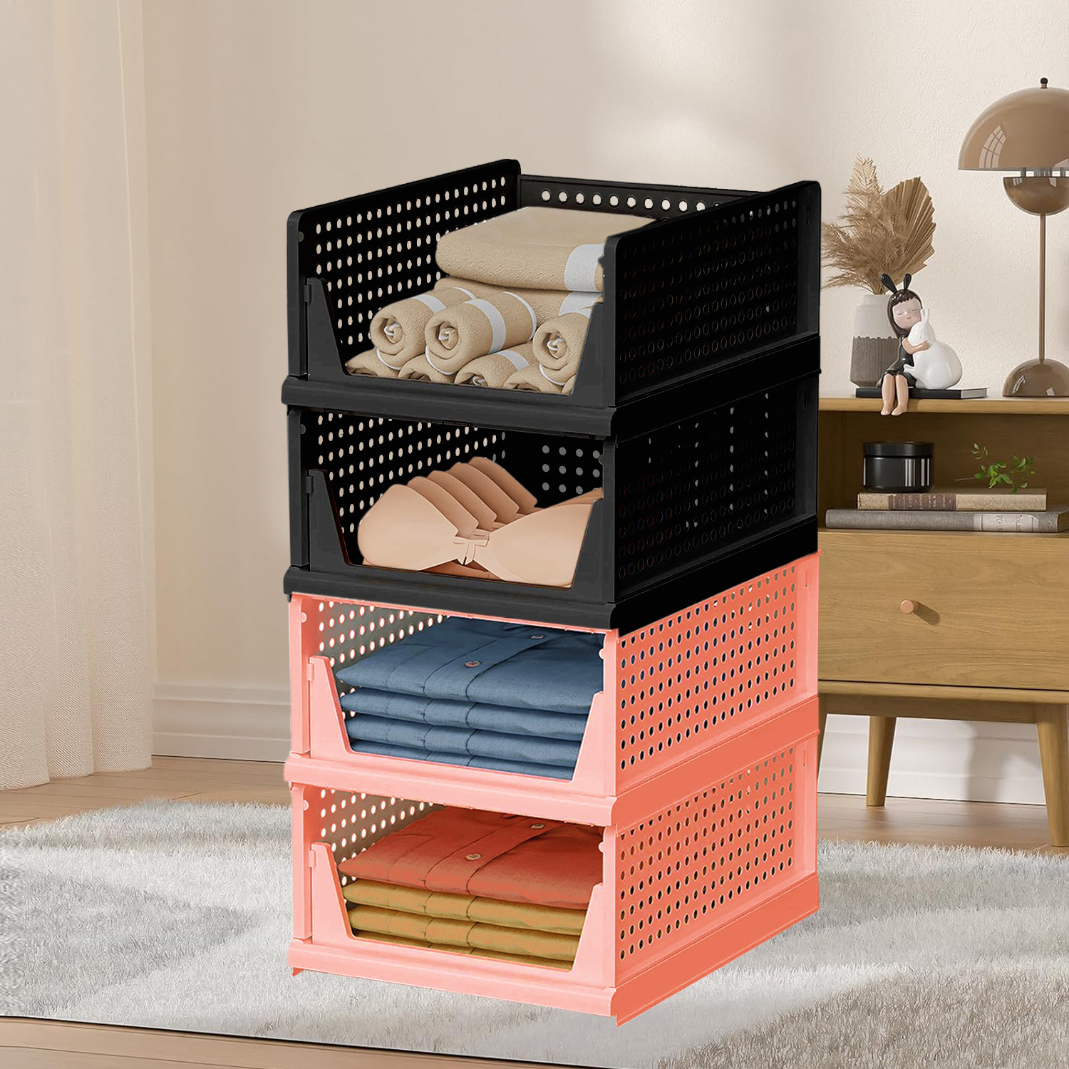 Kuber Industries Storage Organizer | Wardrobe Organizer | Cloth Organizer | Foldable Shirt Stacker Box for Almirah | Closet Storage Basket | Large | Light Pink & Black