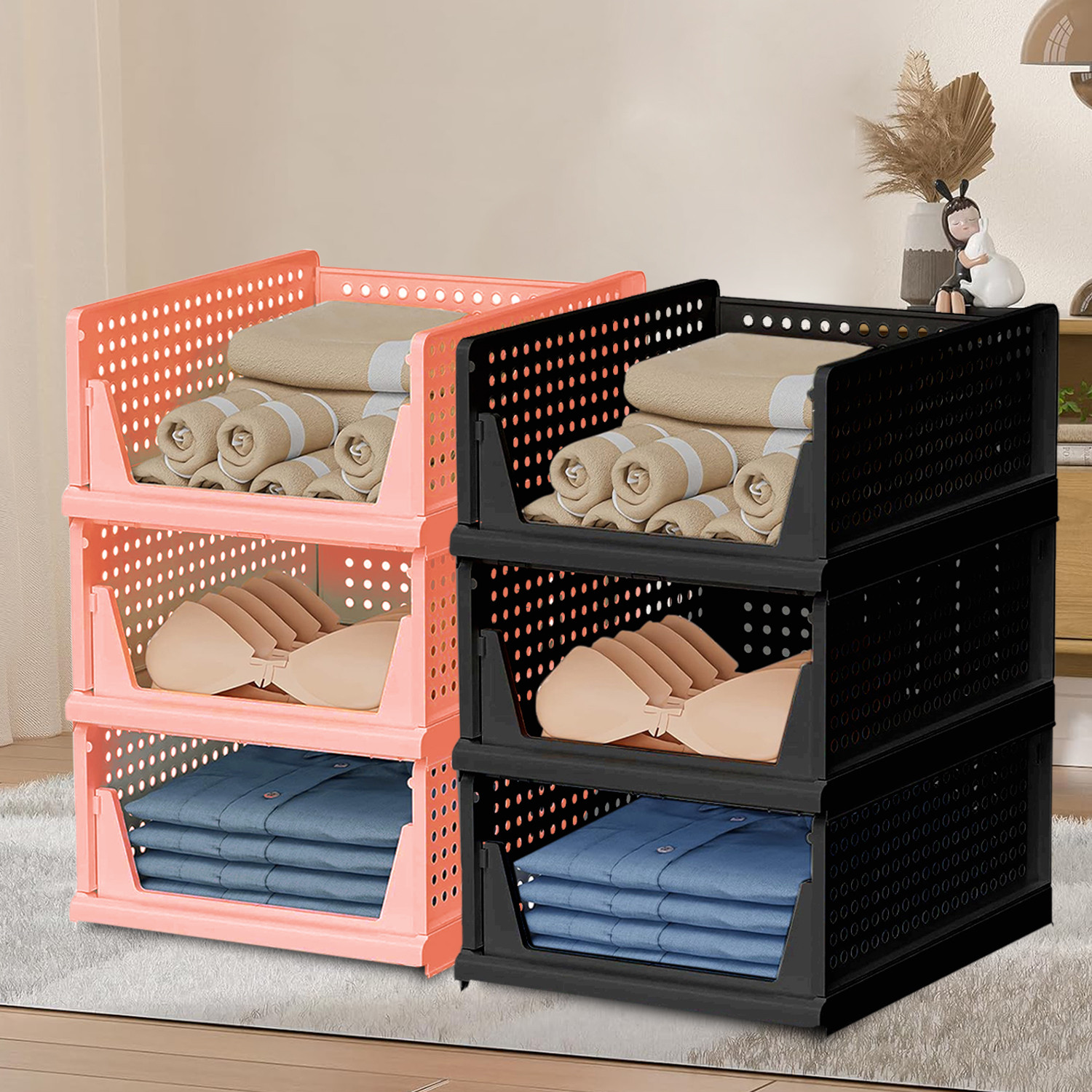 Kuber Industries Storage Organizer | Wardrobe Organizer | Cloth Organizer | Foldable Shirt Stacker Box for Almirah | Closet Storage Basket | Large | Light Pink & Black