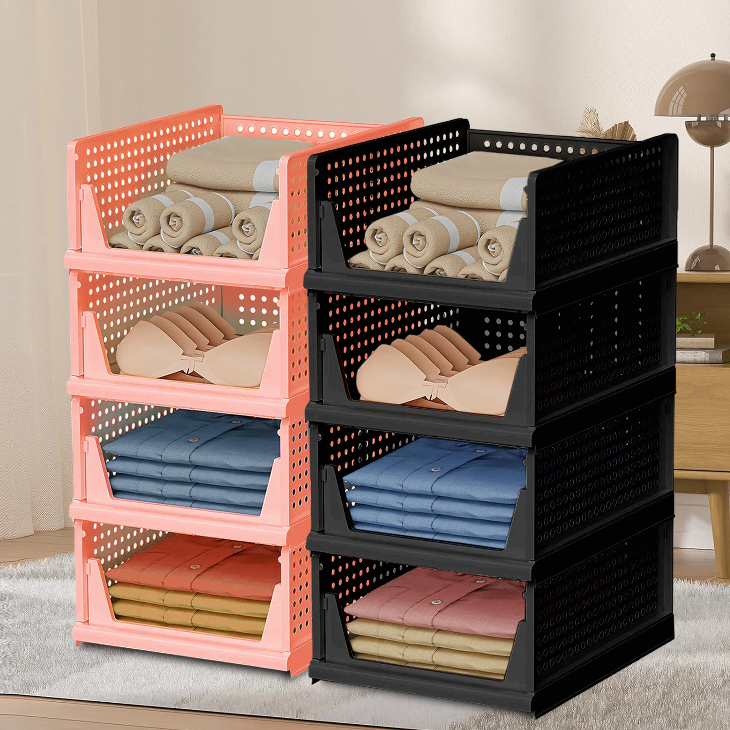 Kuber Industries Storage Organizer | Wardrobe Organizer | Cloth Organizer | Foldable Shirt Stacker Box for Almirah | Closet Storage Basket | Large | Light Pink & Black