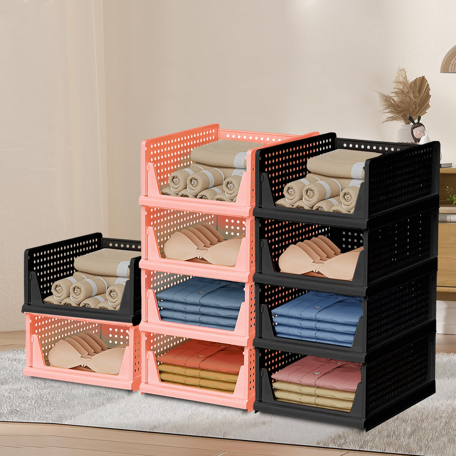 Kuber Industries Storage Organizer | Wardrobe Organizer | Cloth Organizer | Foldable Shirt Stacker Box for Almirah | Closet Storage Basket | Large | Light Pink & Black