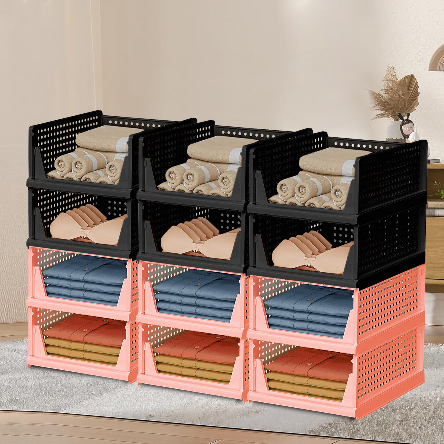 Kuber Industries Storage Organizer | Wardrobe Organizer | Cloth Organizer | Foldable Shirt Stacker Box for Almirah | Closet Storage Basket | Large | Light Pink & Black