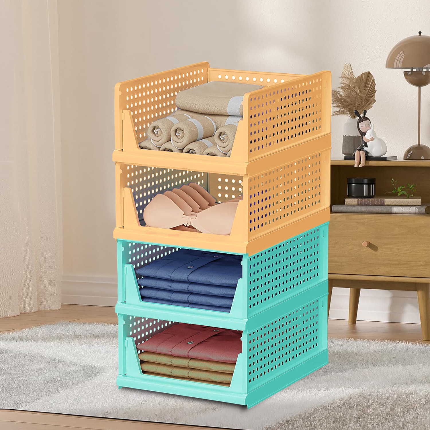 Kuber Industries Storage Organizer | Wardrobe Organizer | Cloth Organizer | Foldable Shirt Stacker Box for Almirah | Closet Storage Basket | Large | Pista Green & Ivory