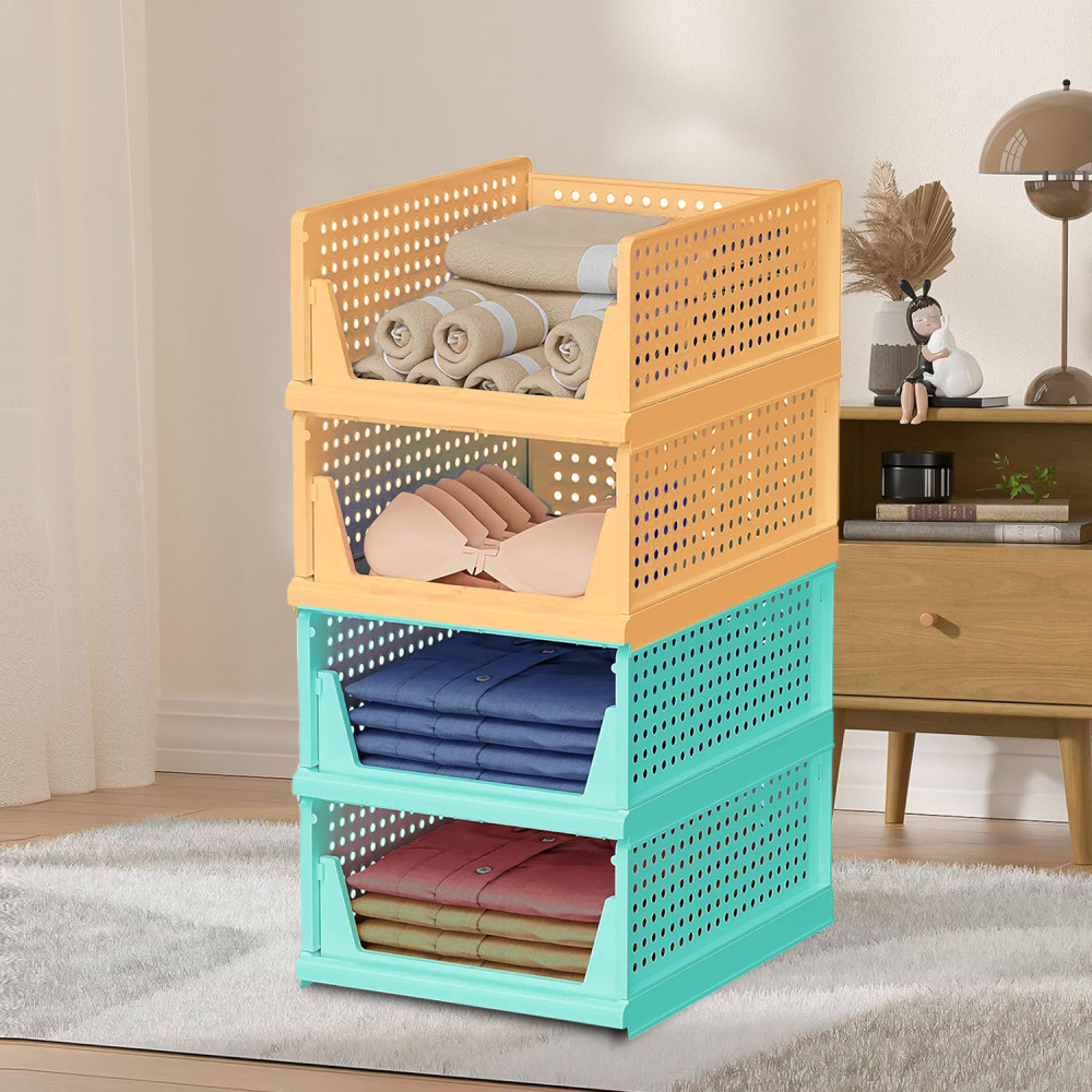Kuber Industries Storage Organizer | Wardrobe Organizer | Cloth Organizer | Foldable Shirt Stacker Box for Almirah | Closet Storage Basket | Large | Pista Green &amp; Ivory