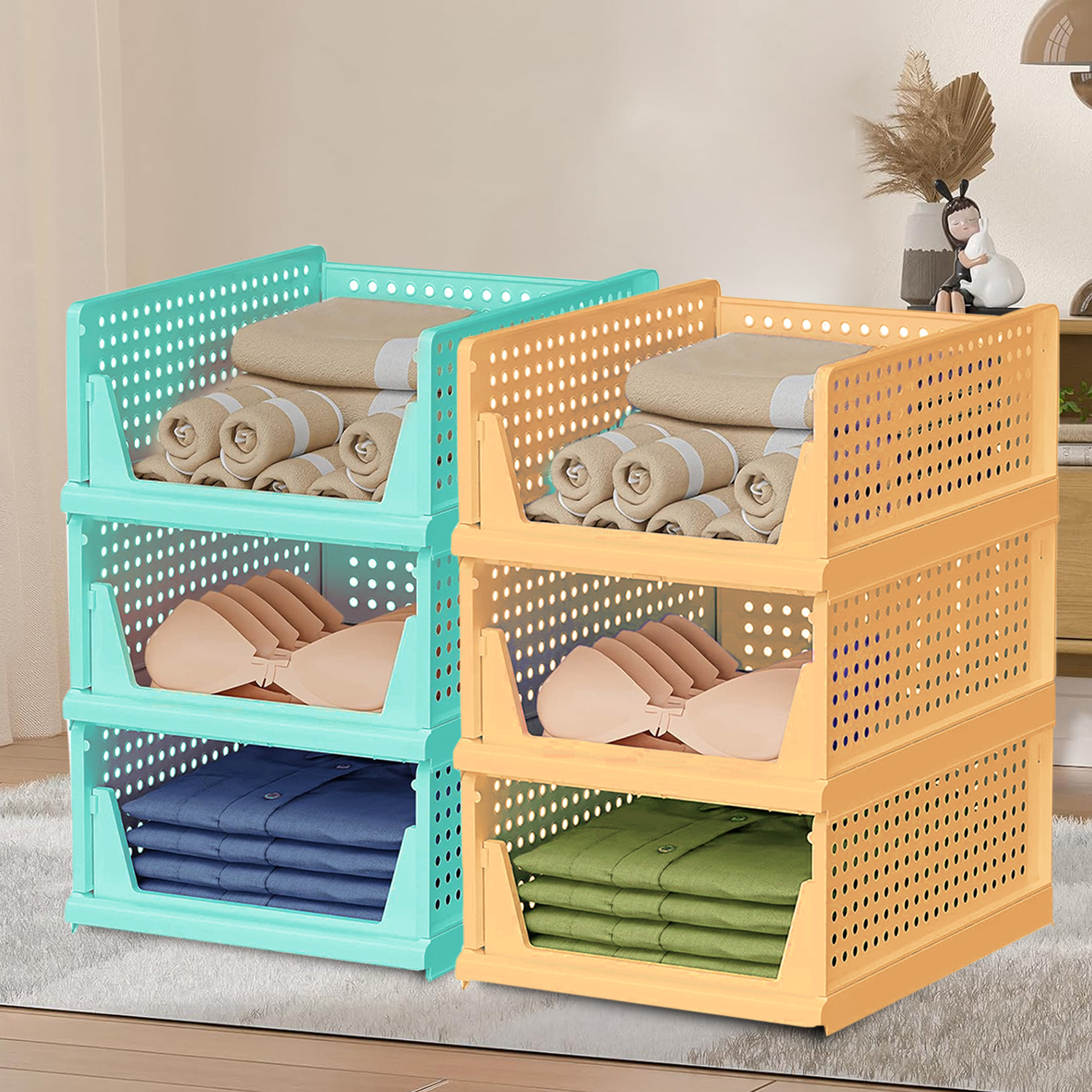 Kuber Industries Storage Organizer | Wardrobe Organizer | Cloth Organizer | Foldable Shirt Stacker Box for Almirah | Closet Storage Basket | Large | Pista Green & Ivory