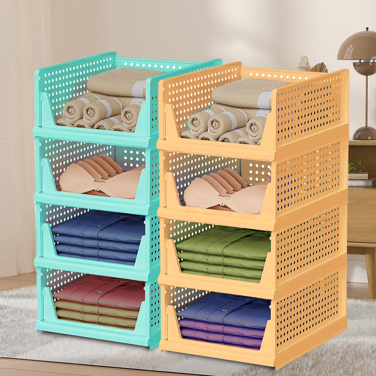 Kuber Industries Storage Organizer | Wardrobe Organizer | Cloth Organizer | Foldable Shirt Stacker Box for Almirah | Closet Storage Basket | Large | Pista Green & Ivory