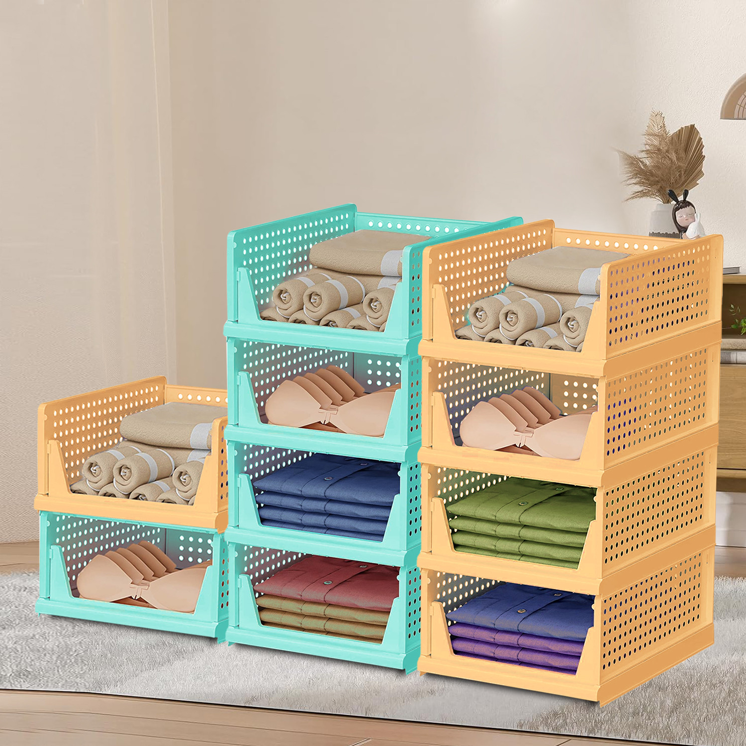 Kuber Industries Storage Organizer | Wardrobe Organizer | Cloth Organizer | Foldable Shirt Stacker Box for Almirah | Closet Storage Basket | Large | Pista Green & Ivory