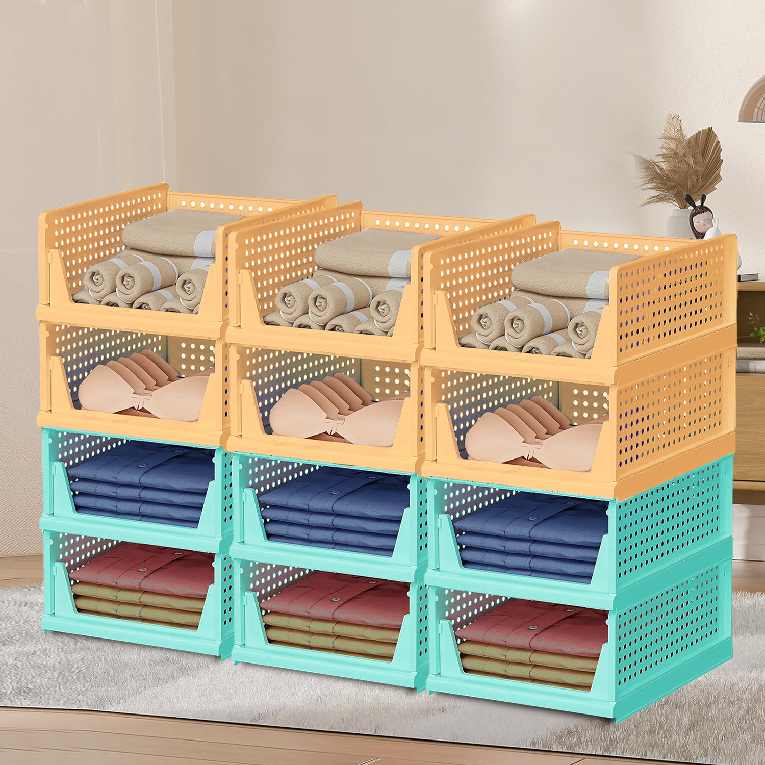 Kuber Industries Storage Organizer | Wardrobe Organizer | Cloth Organizer | Foldable Shirt Stacker Box for Almirah | Closet Storage Basket | Large | Pista Green & Ivory