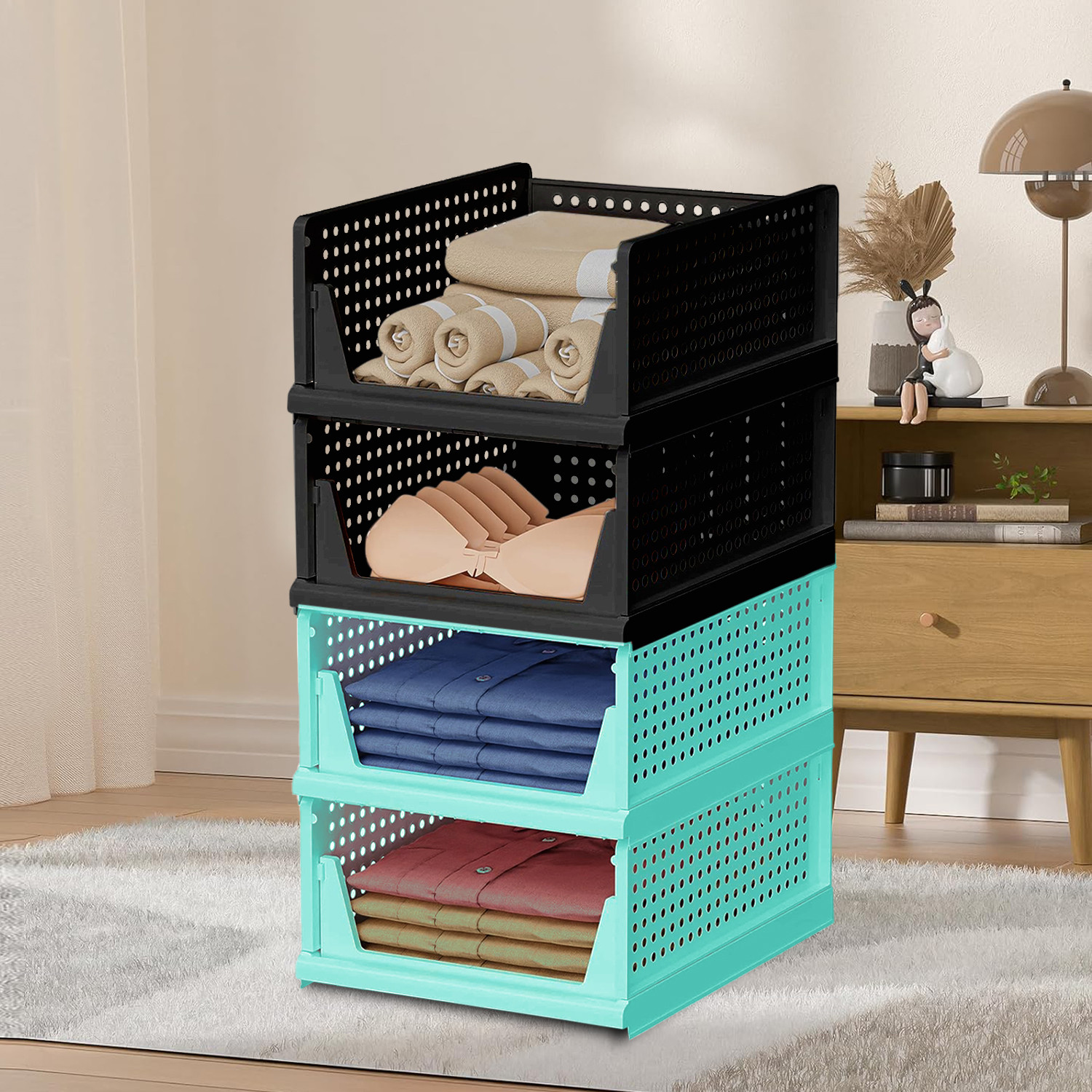 Kuber Industries Storage Organizer | Wardrobe Organizer | Cloth Organizer | Foldable Shirt Stacker Box for Almirah | Closet Storage Basket | Large | Pista Green & Black