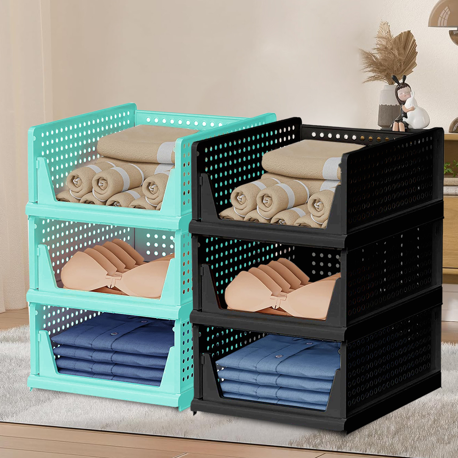 Kuber Industries Storage Organizer | Wardrobe Organizer | Cloth Organizer | Foldable Shirt Stacker Box for Almirah | Closet Storage Basket | Large | Pista Green & Black