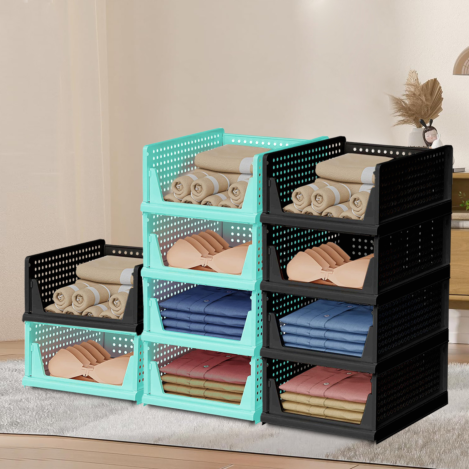 Kuber Industries Storage Organizer | Wardrobe Organizer | Cloth Organizer | Foldable Shirt Stacker Box for Almirah | Closet Storage Basket | Large | Pista Green & Black