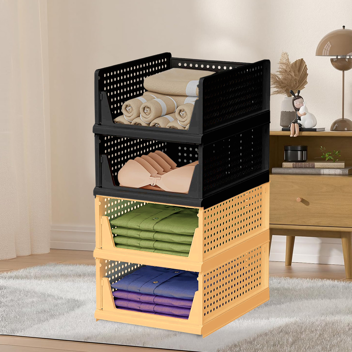 Kuber Industries Storage Organizer | Wardrobe Organizer | Cloth Organizer | Foldable Shirt Stacker Box for Almirah | Closet Storage Basket | Large | Ivory & Black