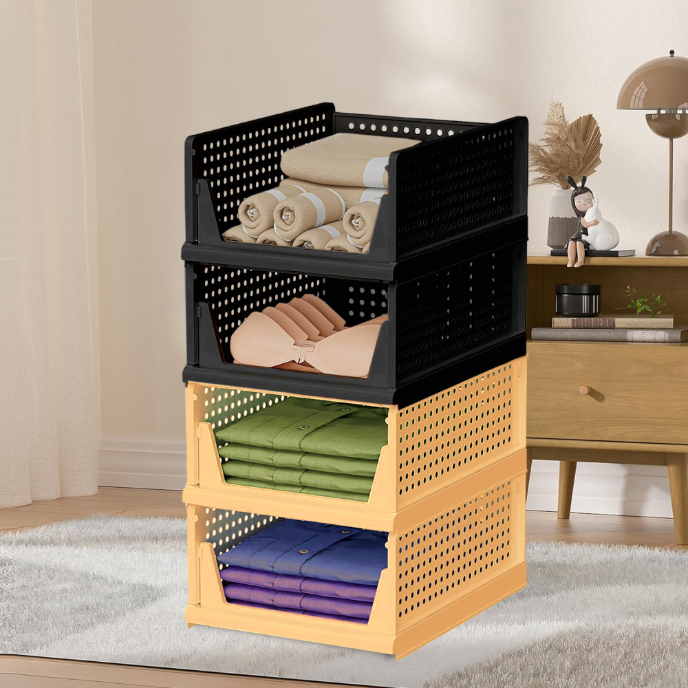 Kuber Industries Storage Organizer | Wardrobe Organizer | Cloth Organizer | Foldable Shirt Stacker Box for Almirah | Closet Storage Basket | Large | Ivory &amp; Black