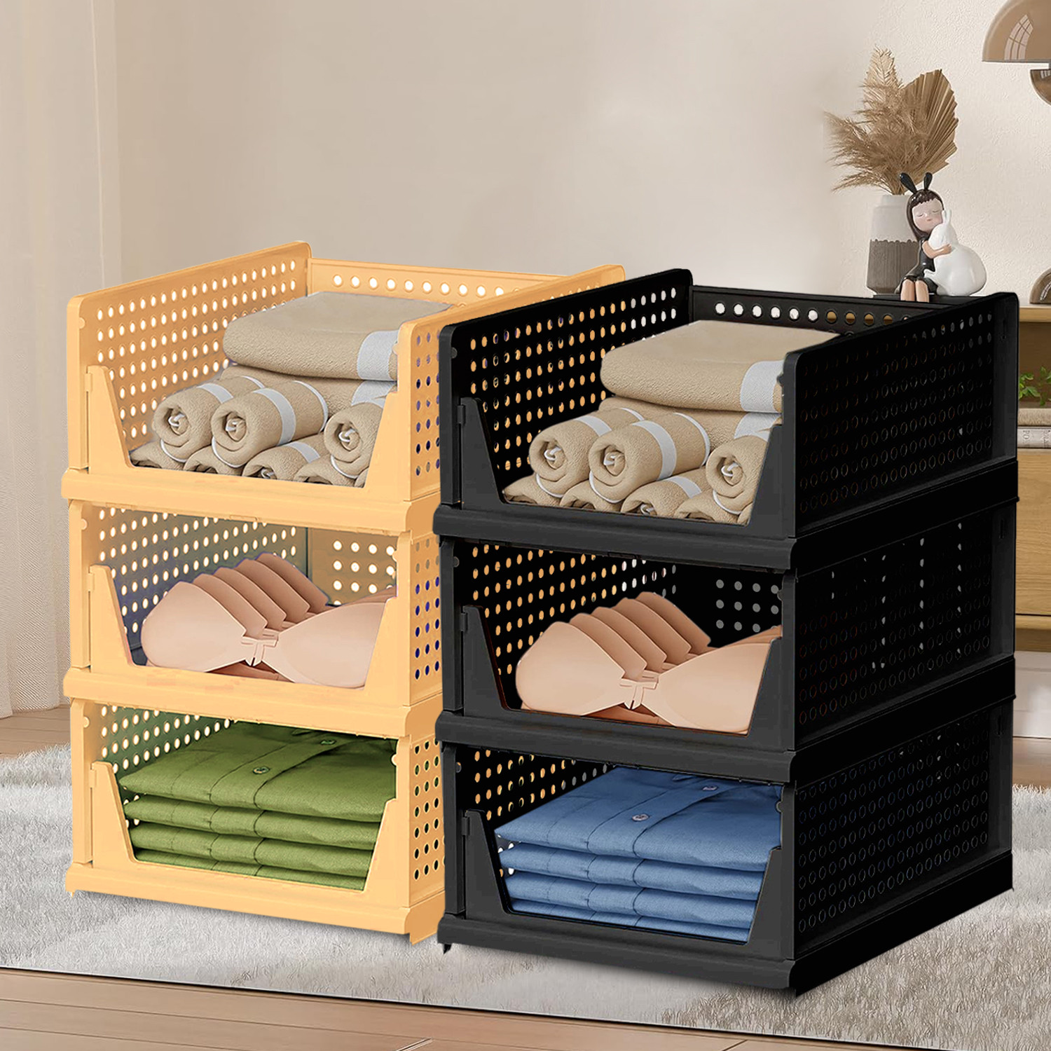 Kuber Industries Storage Organizer | Wardrobe Organizer | Cloth Organizer | Foldable Shirt Stacker Box for Almirah | Closet Storage Basket | Large | Ivory & Black