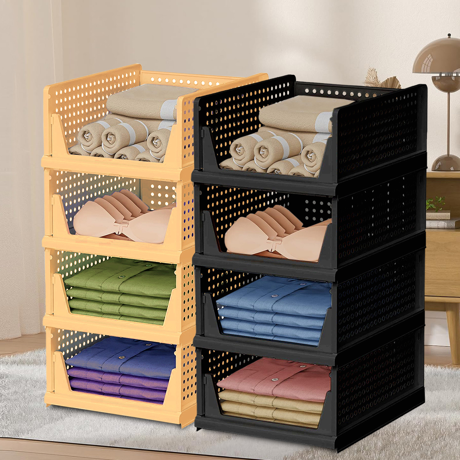 Kuber Industries Storage Organizer | Wardrobe Organizer | Cloth Organizer | Foldable Shirt Stacker Box for Almirah | Closet Storage Basket | Large | Ivory & Black