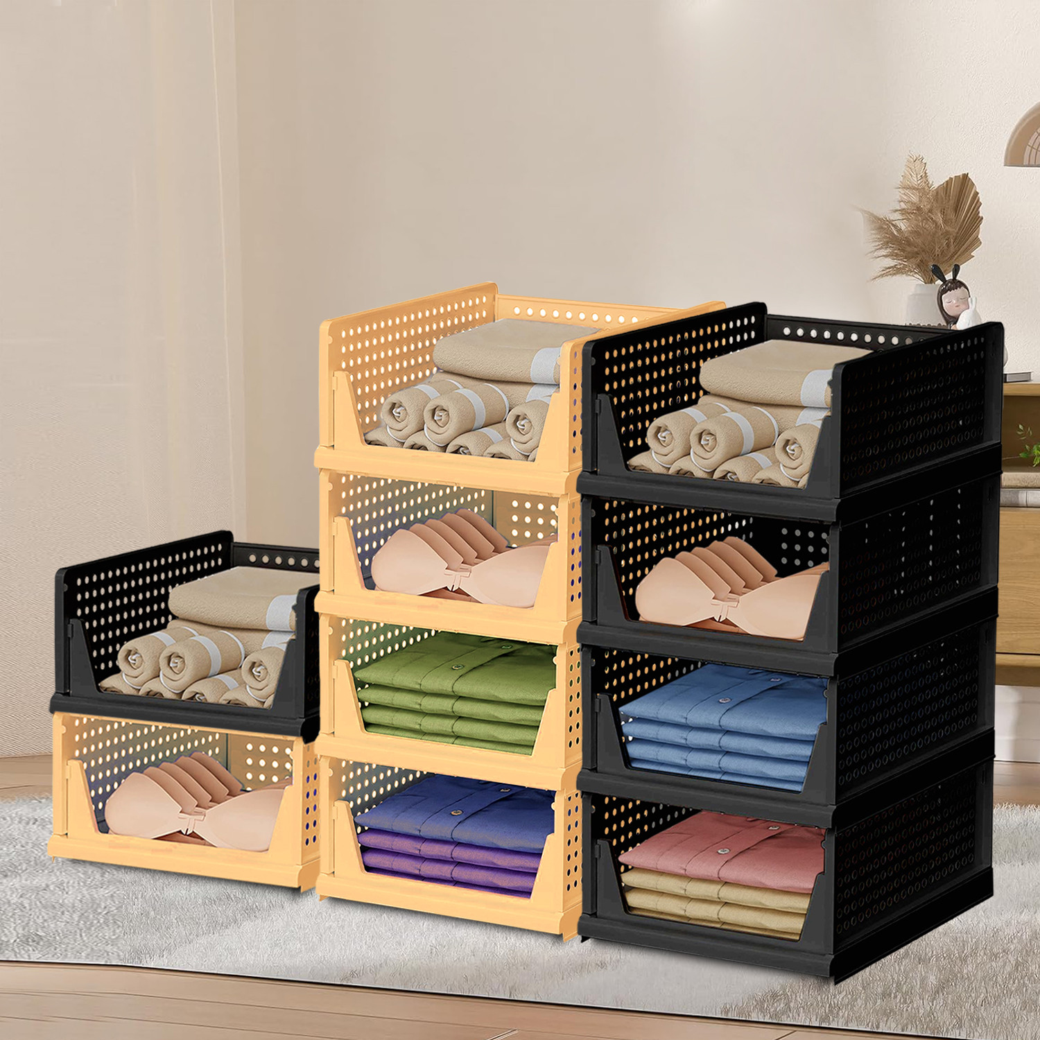 Kuber Industries Storage Organizer | Wardrobe Organizer | Cloth Organizer | Foldable Shirt Stacker Box for Almirah | Closet Storage Basket | Large | Ivory & Black