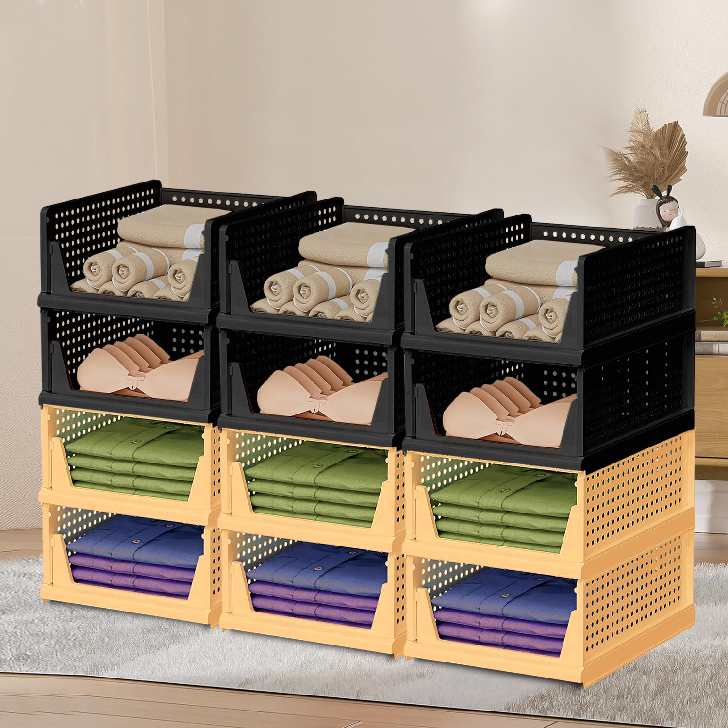 Kuber Industries Storage Organizer | Wardrobe Organizer | Cloth Organizer | Foldable Shirt Stacker Box for Almirah | Closet Storage Basket | Large | Ivory & Black