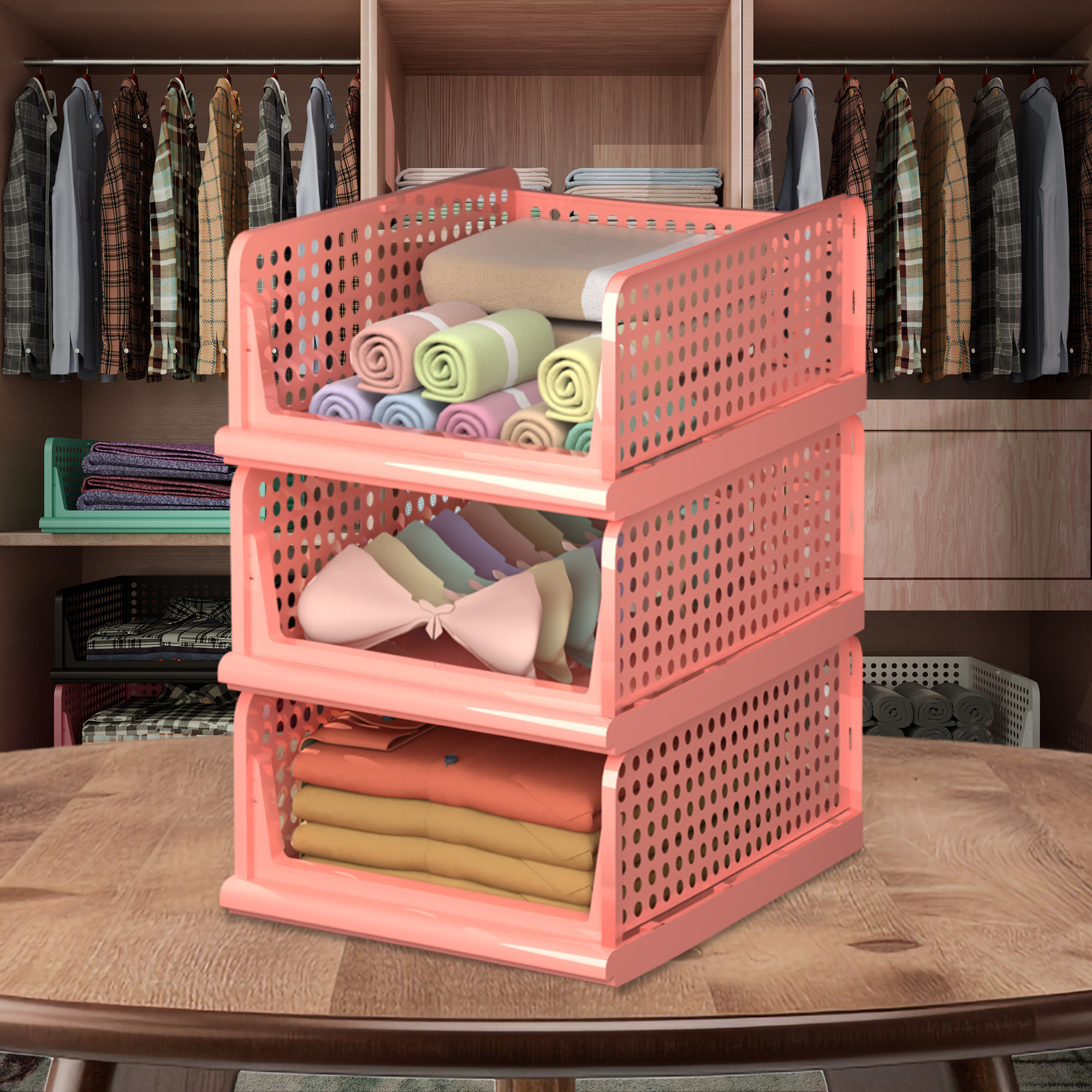 Kuber Industries Storage Organizer | Wardrobe Organizer For Clothes | Cloth Organizer | Foldable Shirt Stacker Box | Cloth Box for Almirah | Closet Storage Basket | Large | Light Pink