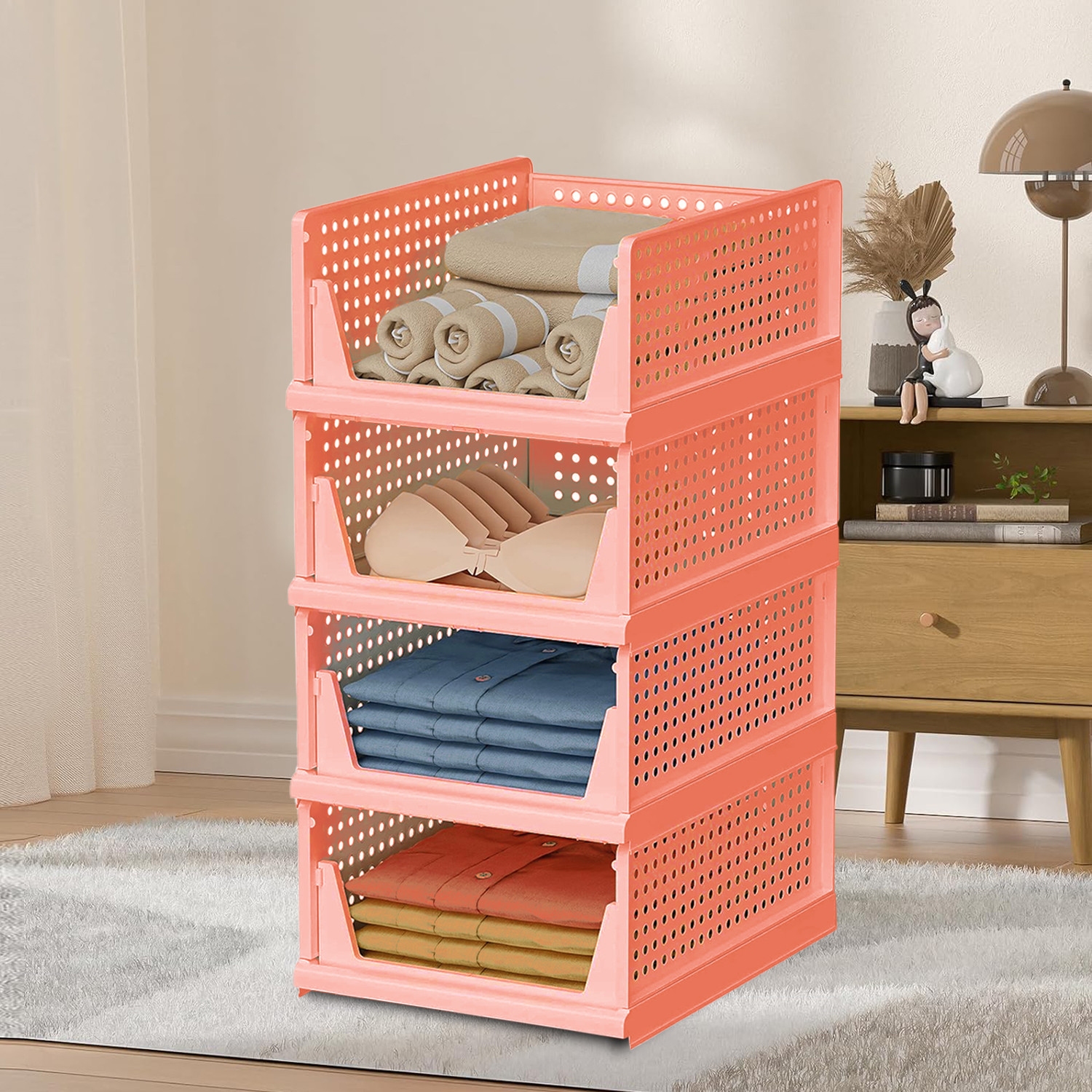 Kuber Industries Storage Organizer | Wardrobe Organizer For Clothes | Cloth Organizer | Foldable Shirt Stacker Box | Cloth Box for Almirah | Closet Storage Basket | Large | Light Pink