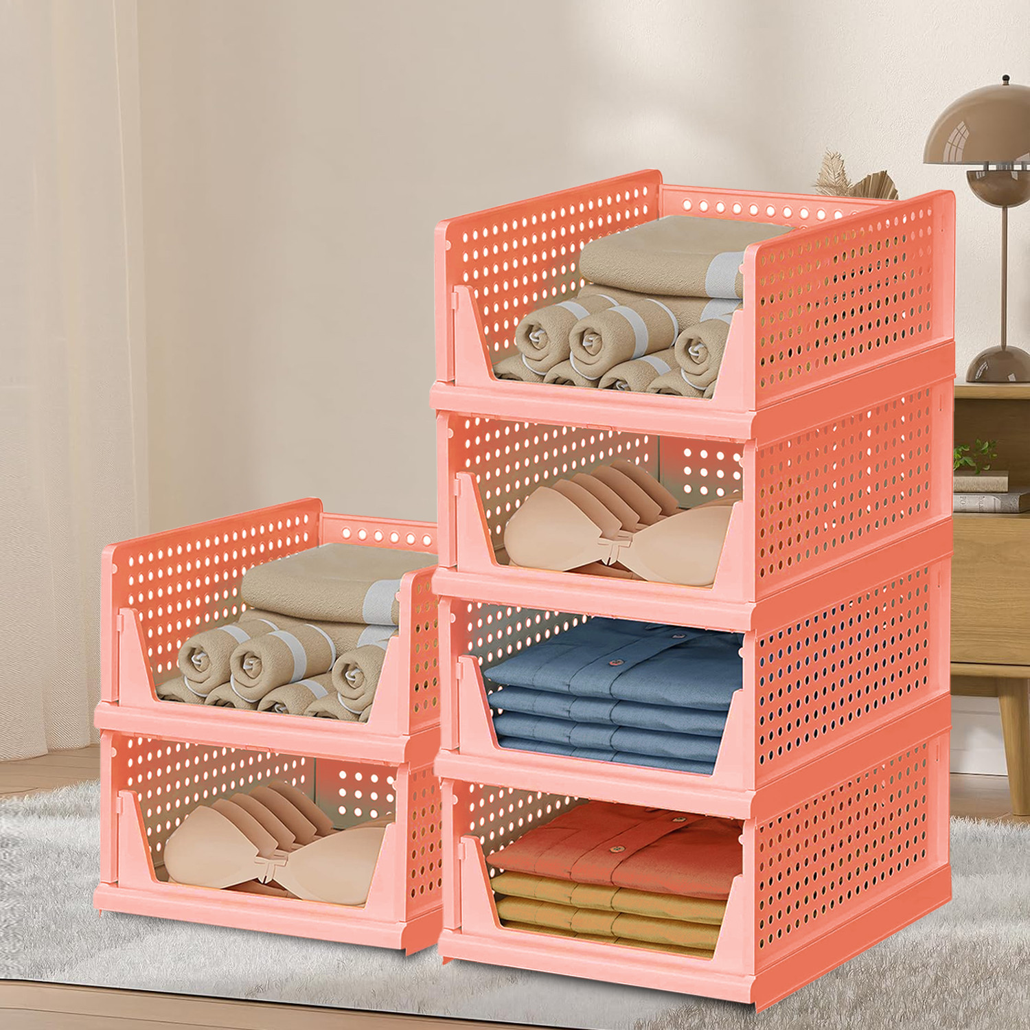 Kuber Industries Storage Organizer | Wardrobe Organizer For Clothes | Cloth Organizer | Foldable Shirt Stacker Box | Cloth Box for Almirah | Closet Storage Basket | Large | Light Pink