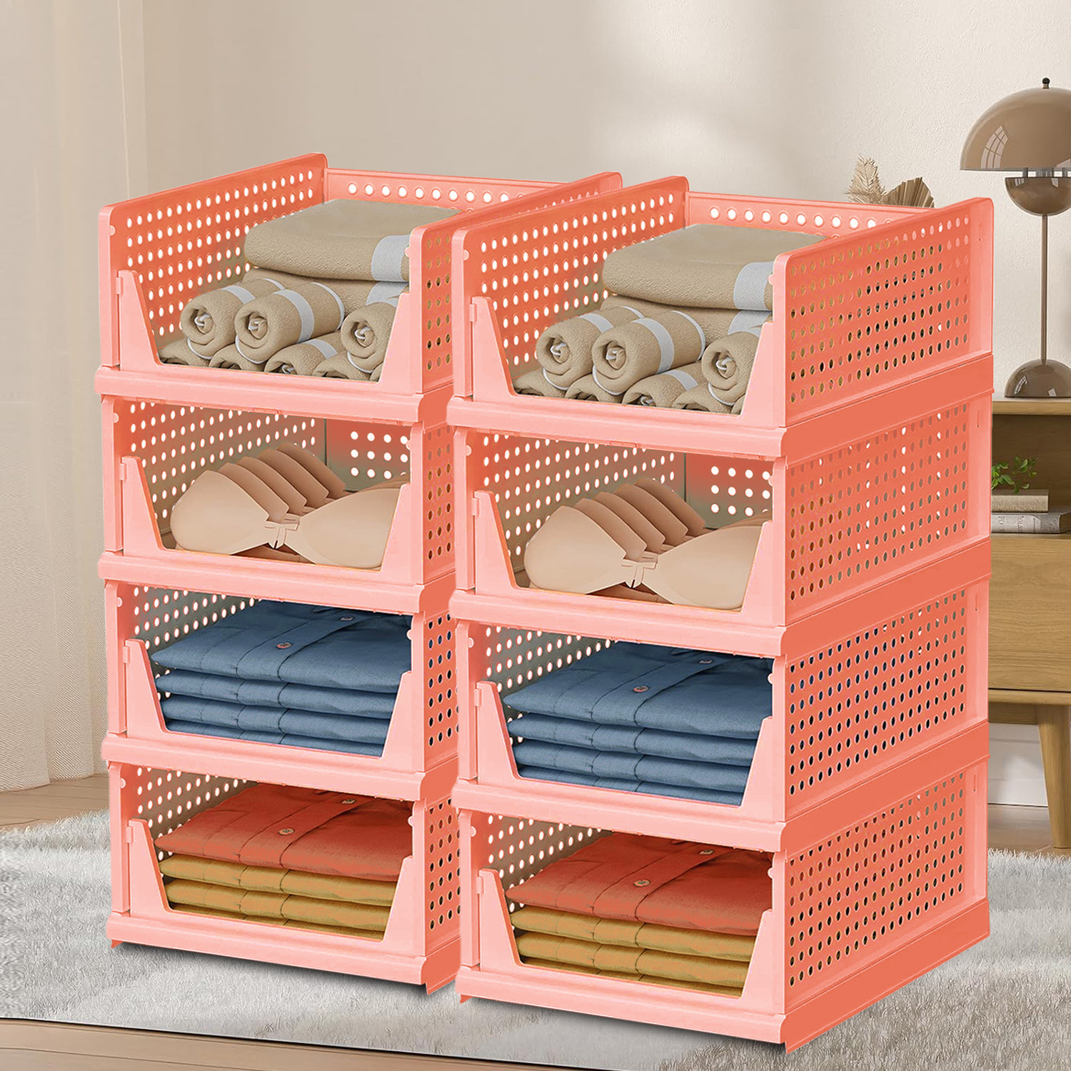 Kuber Industries Storage Organizer | Wardrobe Organizer For Clothes | Cloth Organizer | Foldable Shirt Stacker Box | Cloth Box for Almirah | Closet Storage Basket | Large | Light Pink
