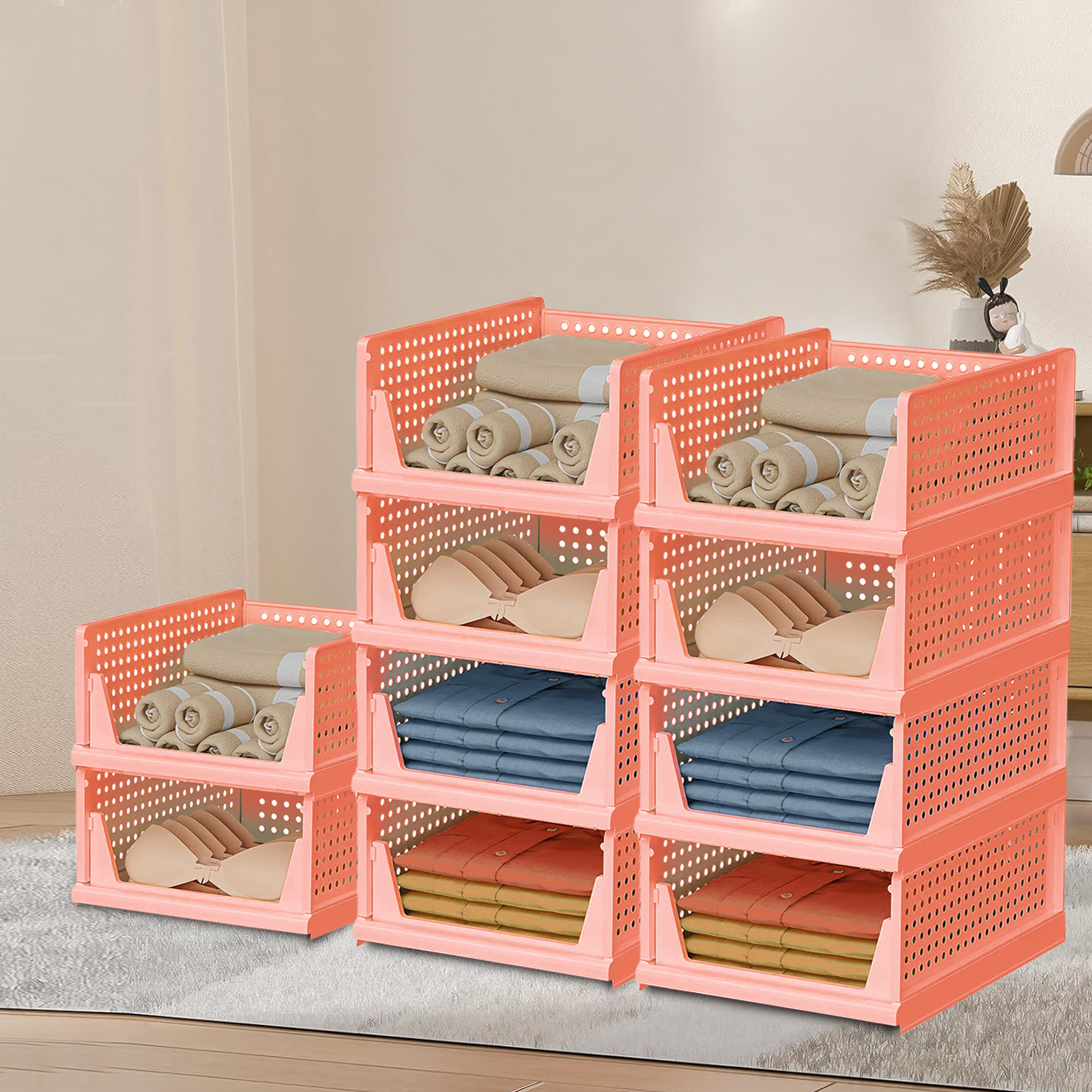 Kuber Industries Storage Organizer | Wardrobe Organizer For Clothes | Cloth Organizer | Foldable Shirt Stacker Box | Cloth Box for Almirah | Closet Storage Basket | Large | Light Pink