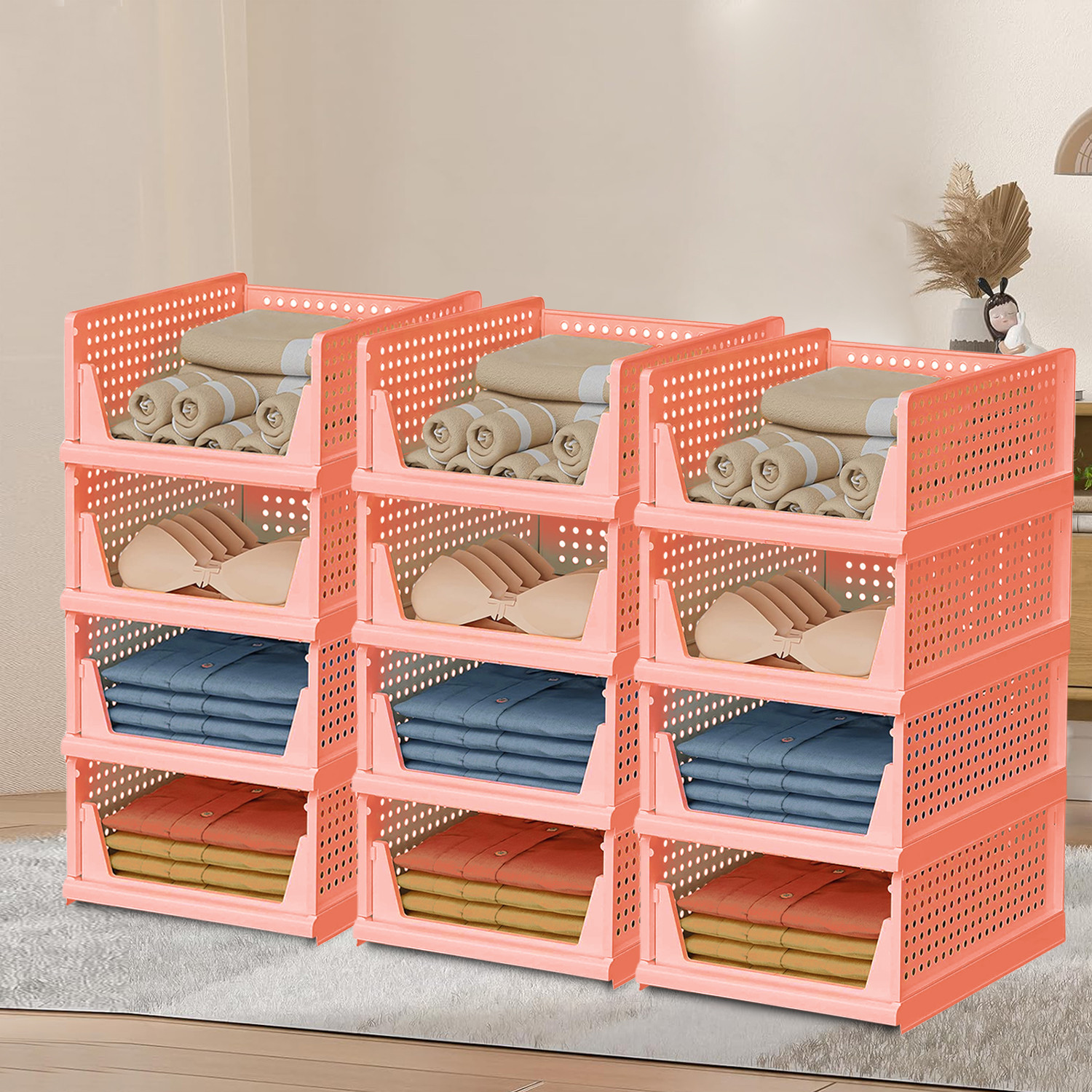 Kuber Industries Storage Organizer | Wardrobe Organizer For Clothes | Cloth Organizer | Foldable Shirt Stacker Box | Cloth Box for Almirah | Closet Storage Basket | Large | Light Pink