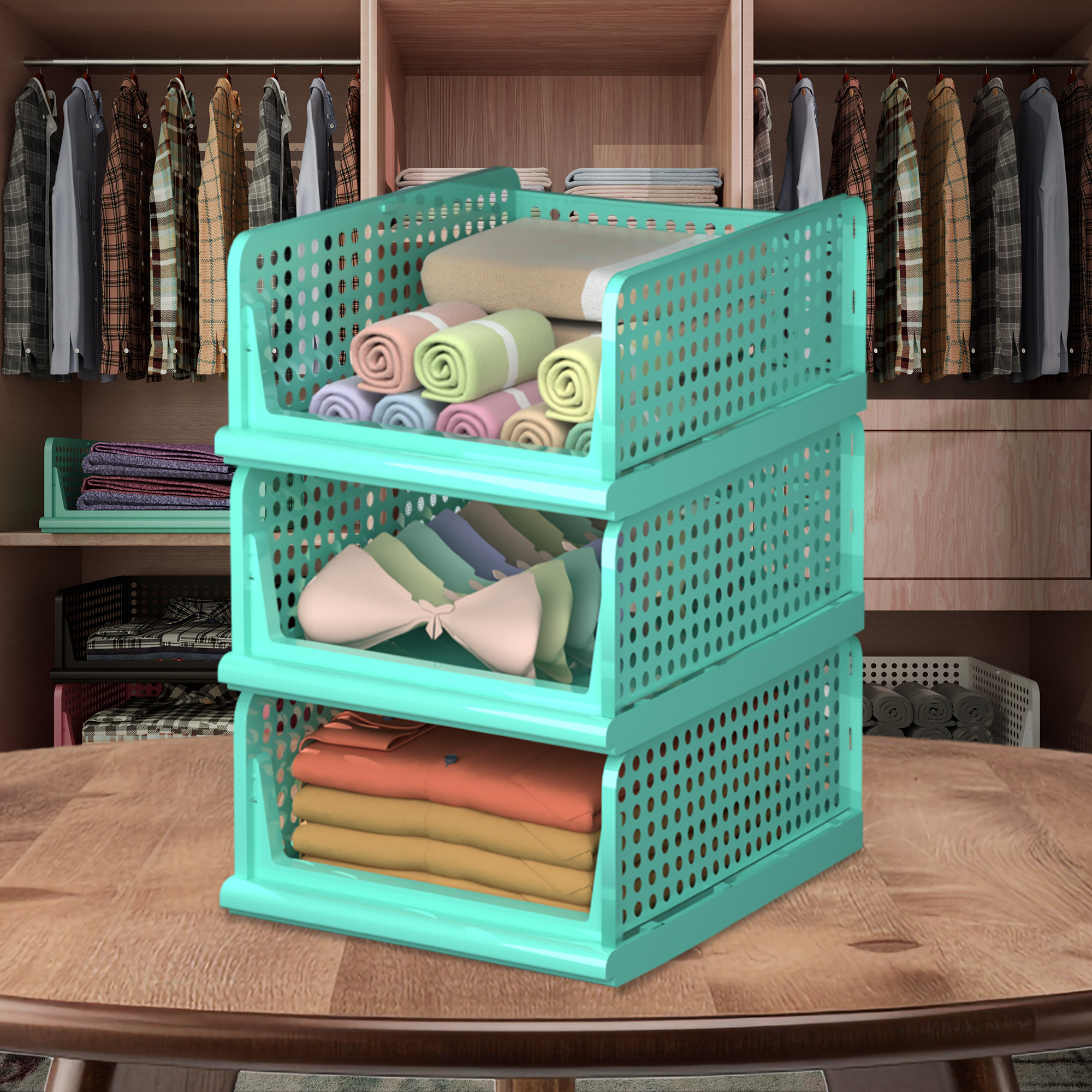 Kuber Industries Storage Organizer | Wardrobe Organizer For Clothes | Cloth Organizer | Foldable Shirt Stacker Box | Cloth Box for Almirah | Closet Storage Basket | Large | Pista Green