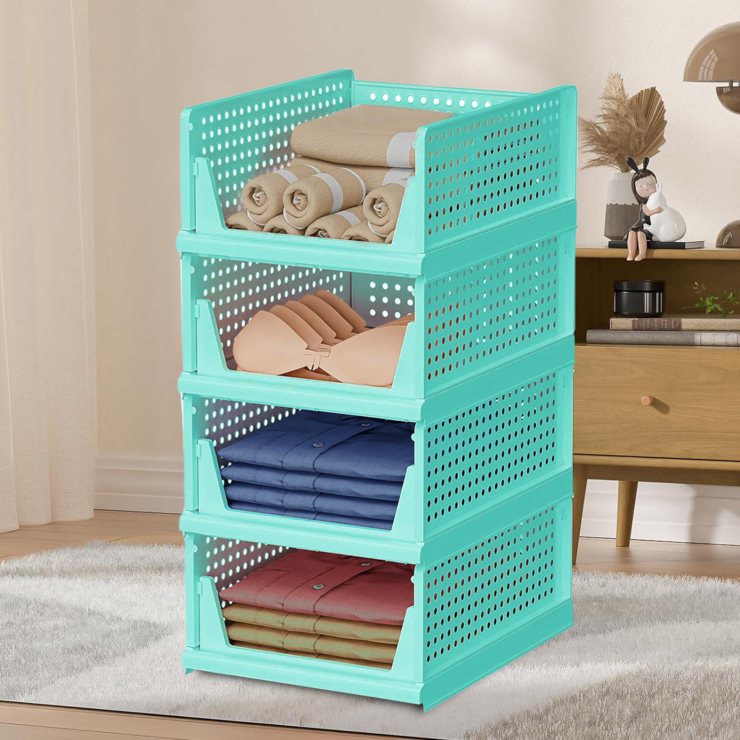 Kuber Industries Storage Organizer | Wardrobe Organizer For Clothes | Cloth Organizer | Foldable Shirt Stacker Box | Cloth Box for Almirah | Closet Storage Basket | Large | Pista Green